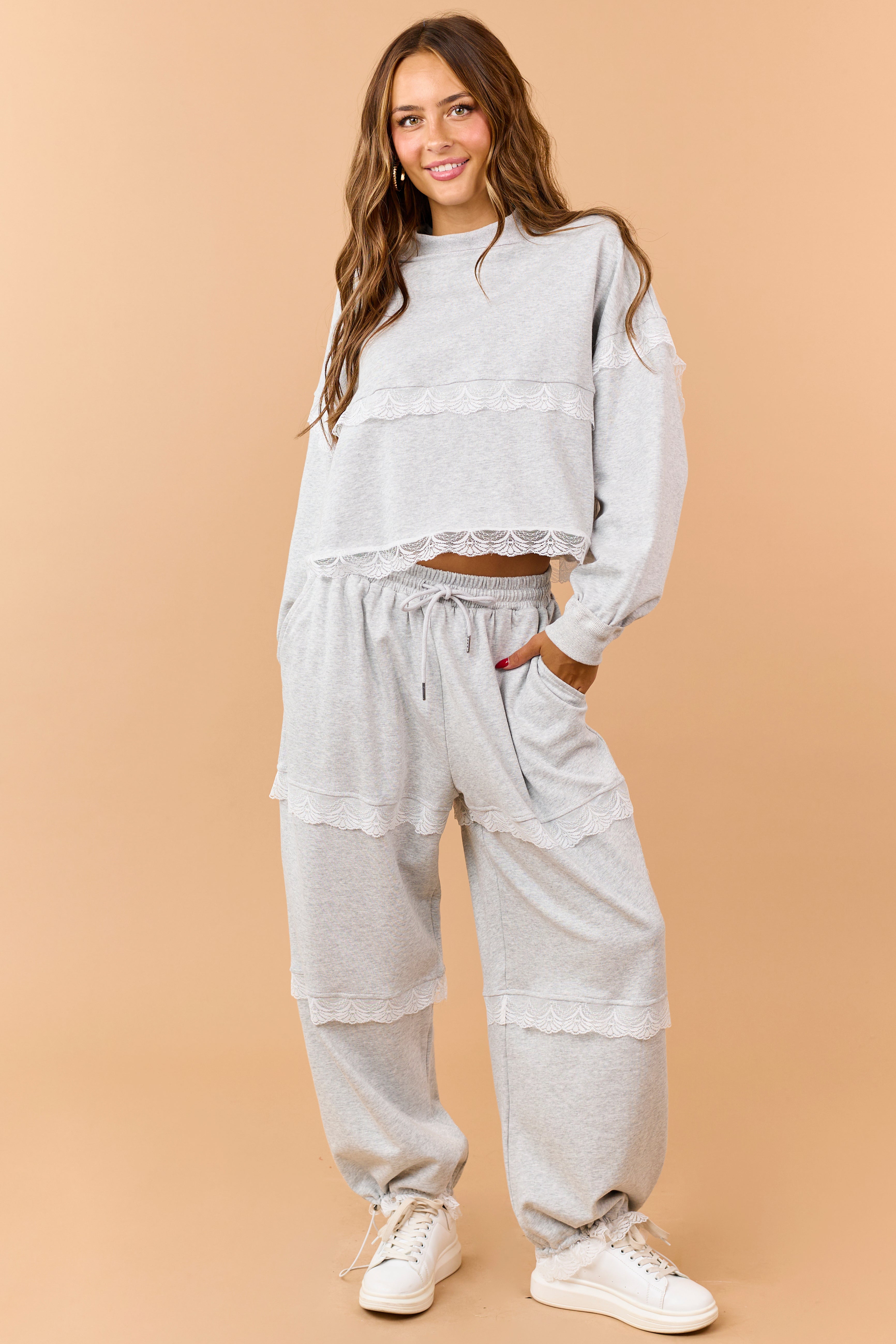 Heather Grey Lace Detail Wide Leg Sweatpants