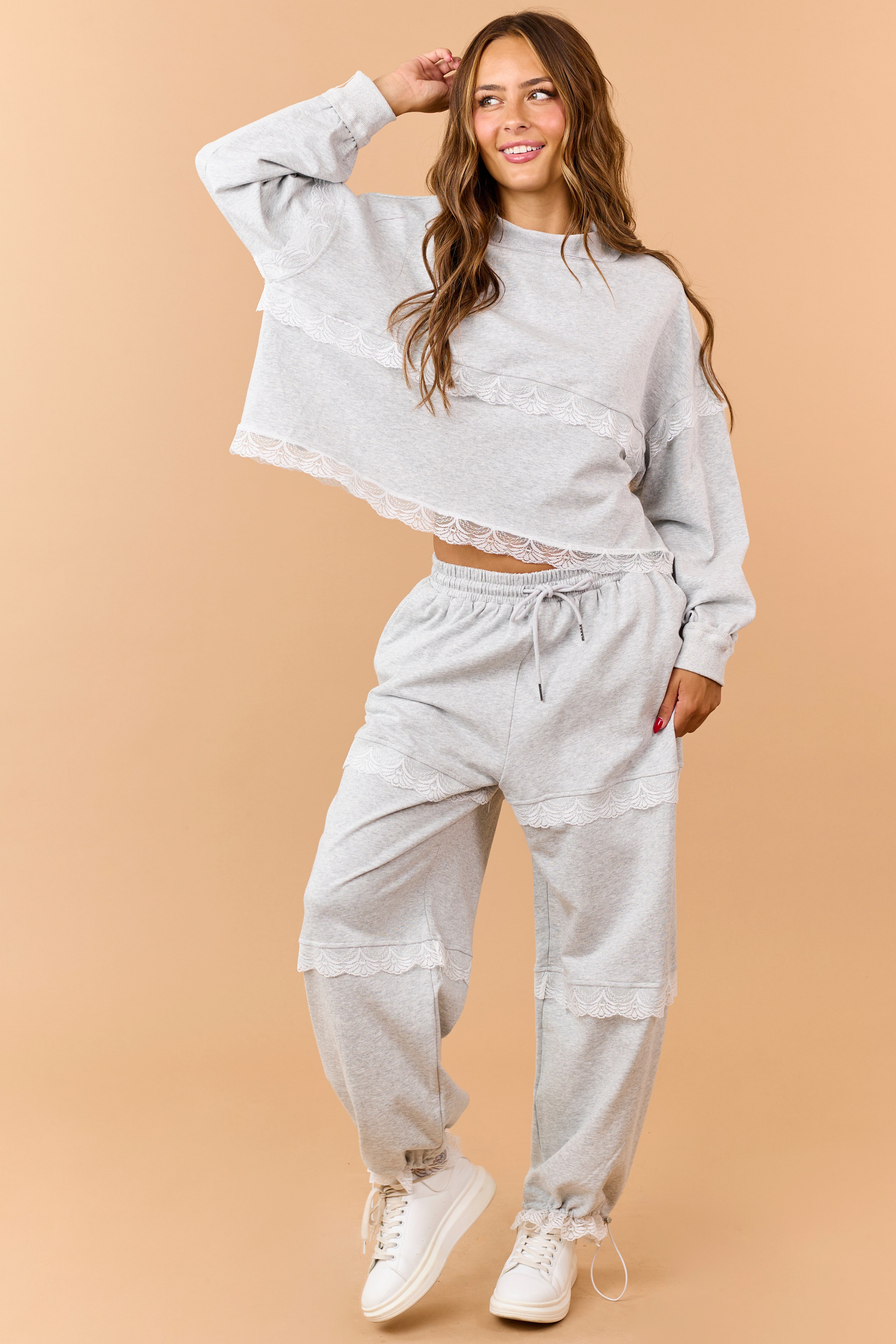 Heather Grey Lace Detail Wide Leg Sweatpants | Lime Lush Boutique