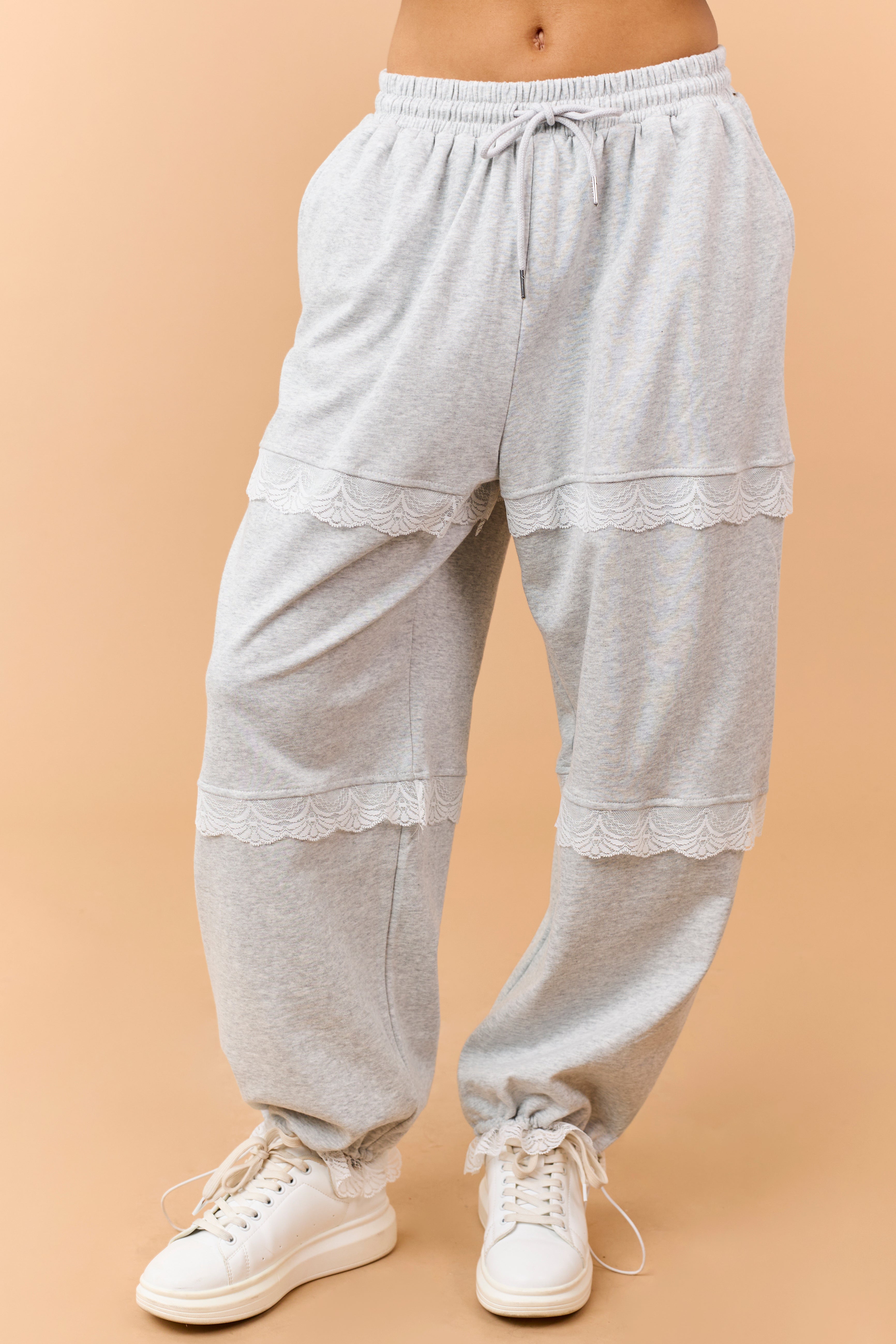 Heather Grey Lace Detail Wide Leg Sweatpants