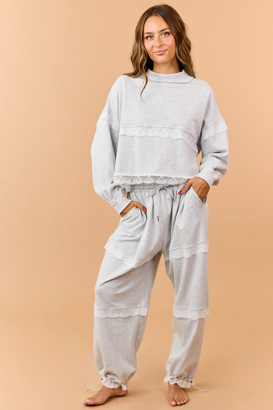 Heather Grey Lace Detail Wide Leg Sweatpants