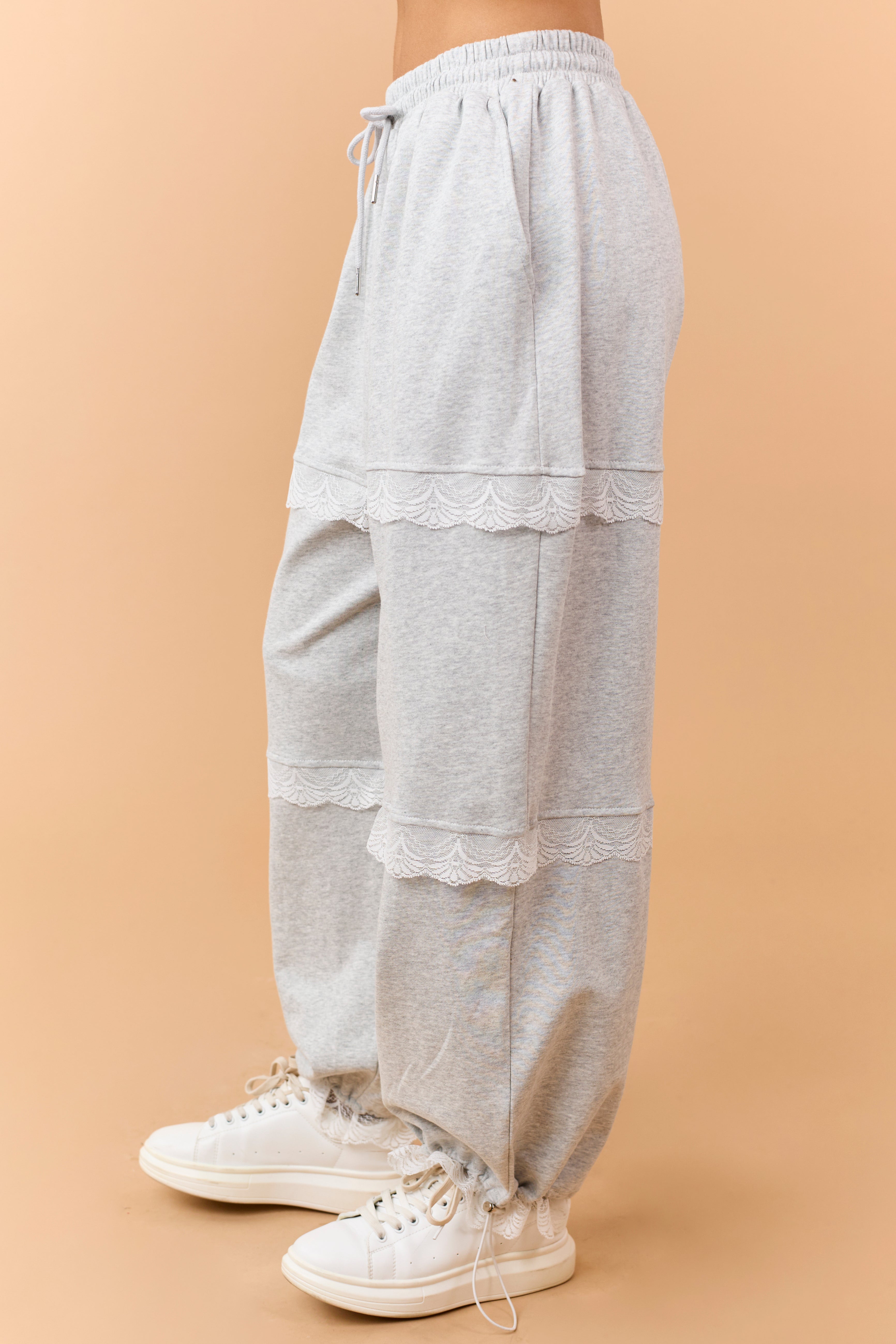 Heather Grey Lace Detail Wide Leg Sweatpants