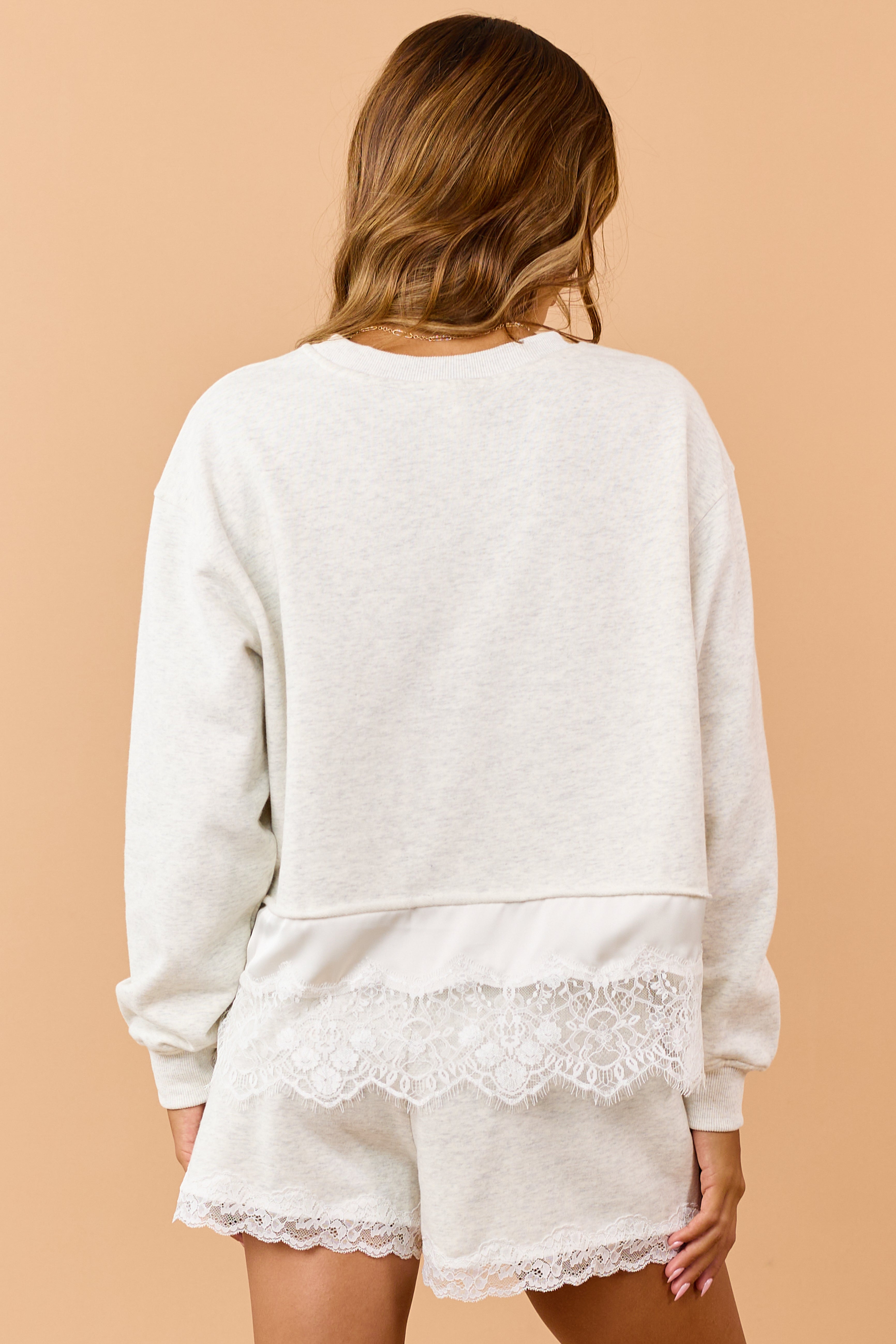 Heather Grey Lace Hem Relaxed Knit Sweatshirt
