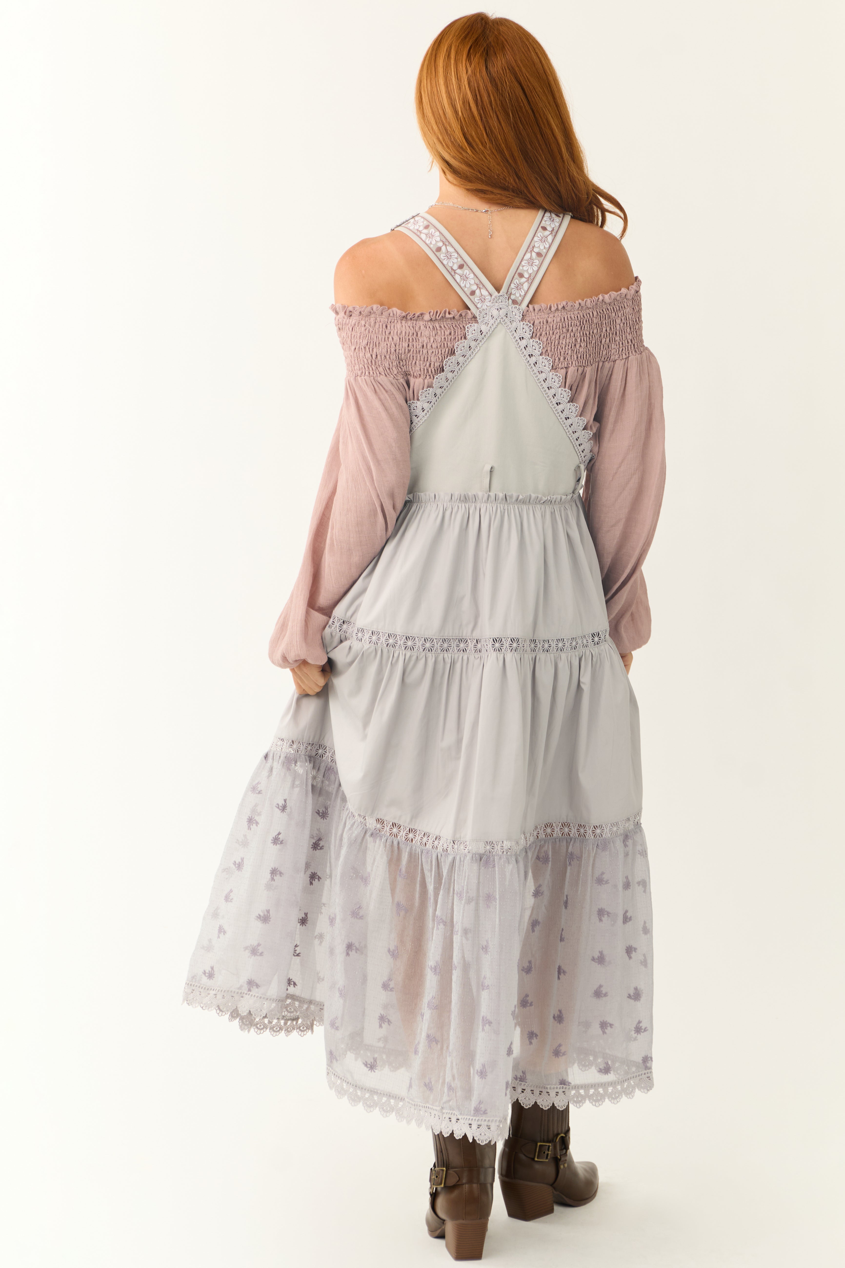 Heather Grey Lace Tiered Overalls Maxi Dress | Lime Lush