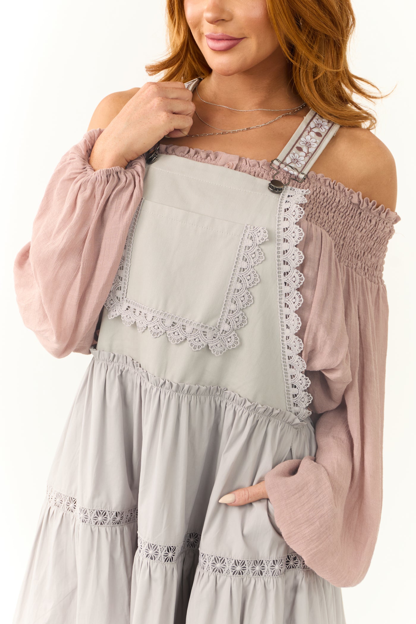 Heather Grey Lace Tiered Overalls Maxi Dress | Lime Lush Boutique Heather Grey Lace Tiered Overalls Maxi Dress | Lime Lush Boutique