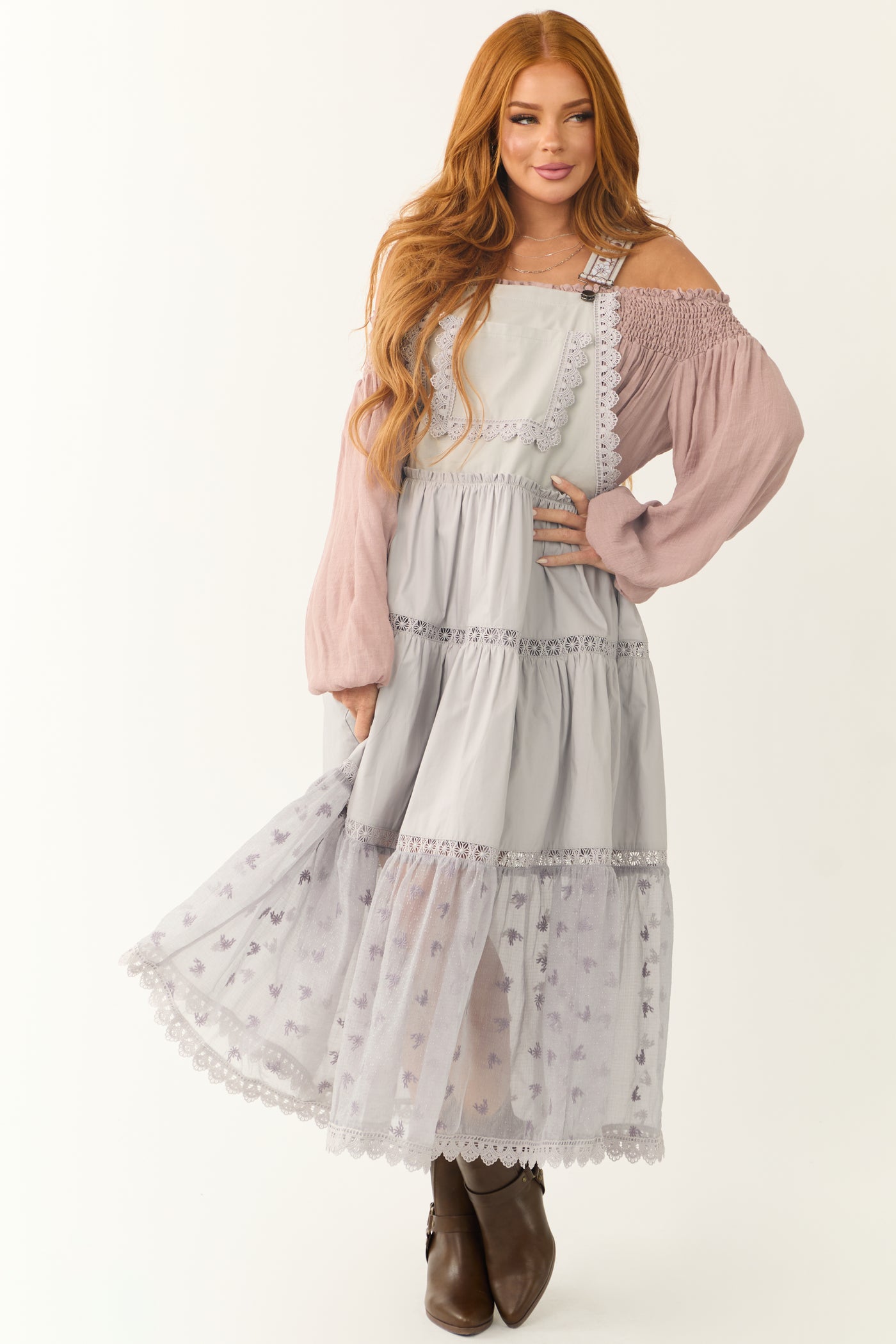 Heather Grey Lace Tiered Overalls Maxi Dress - S Heather Grey Lace Tiered Overalls Maxi Dress - S