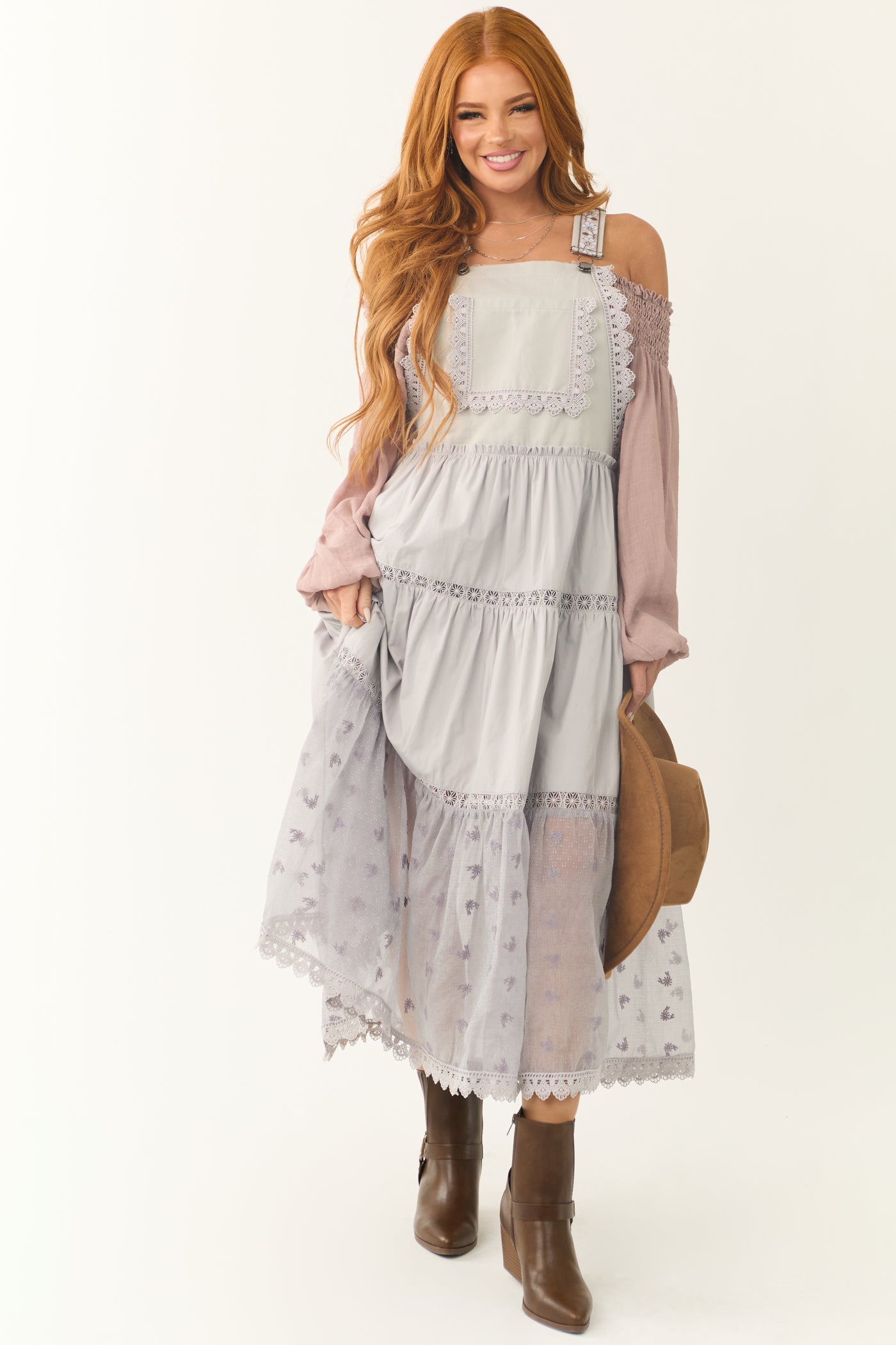 Heather Grey Lace Tiered Overalls Maxi Dress | Lime Lush Boutique Heather Grey Lace Tiered Overalls Maxi Dress | Lime Lush Boutique