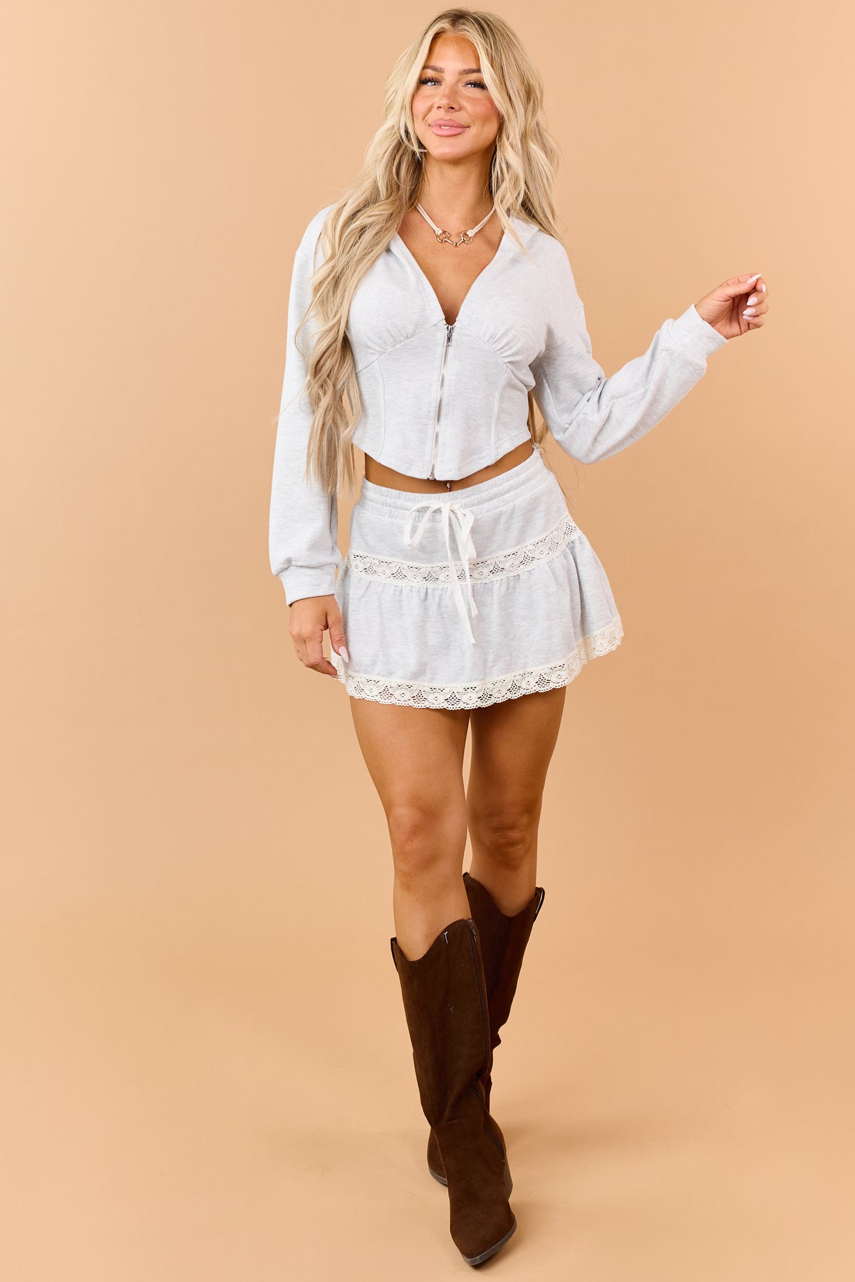 Heather Grey Lace Trim Cotton Terry Skort