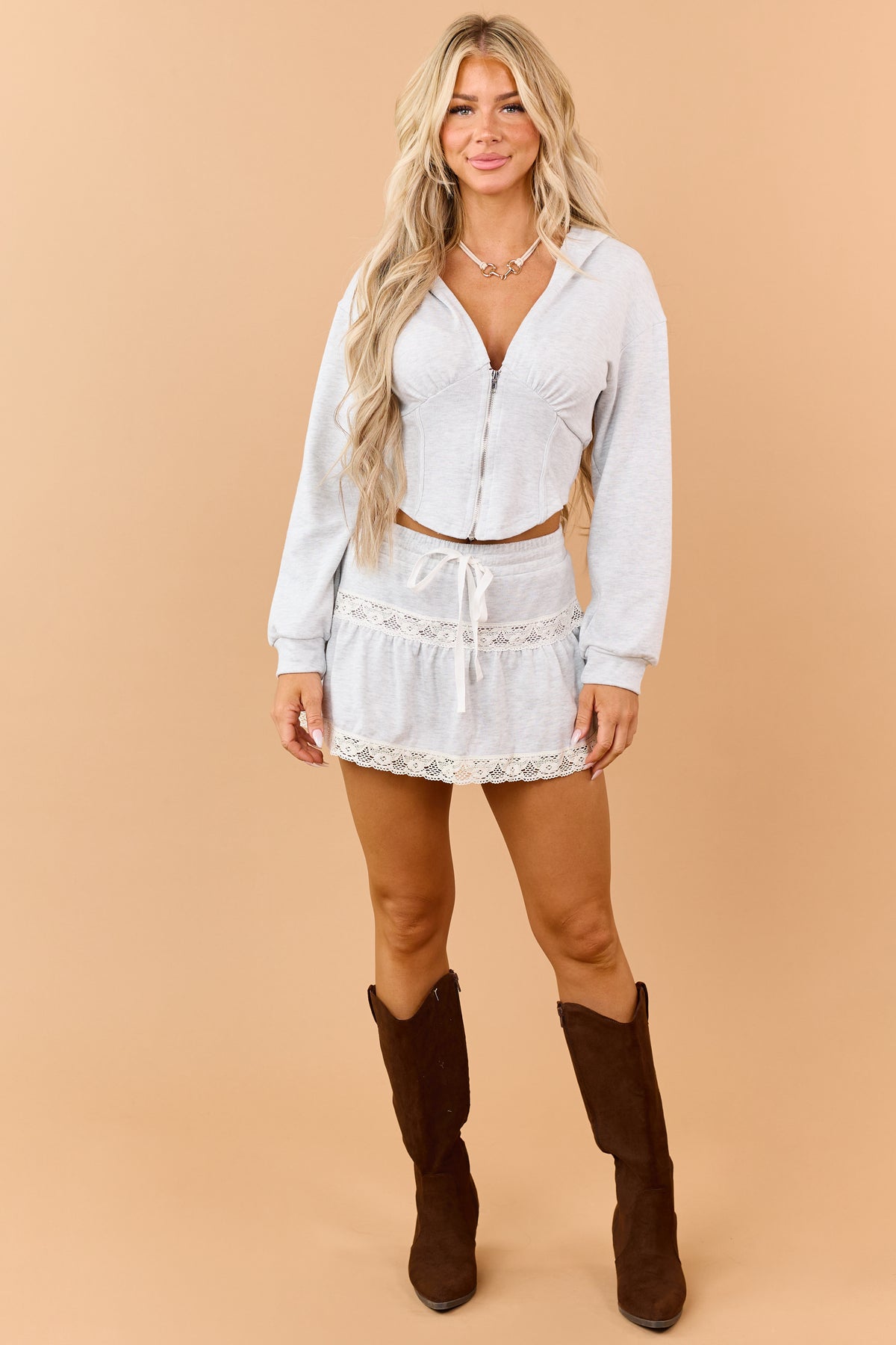 Heather Grey Lace Trim Cotton Terry Skort