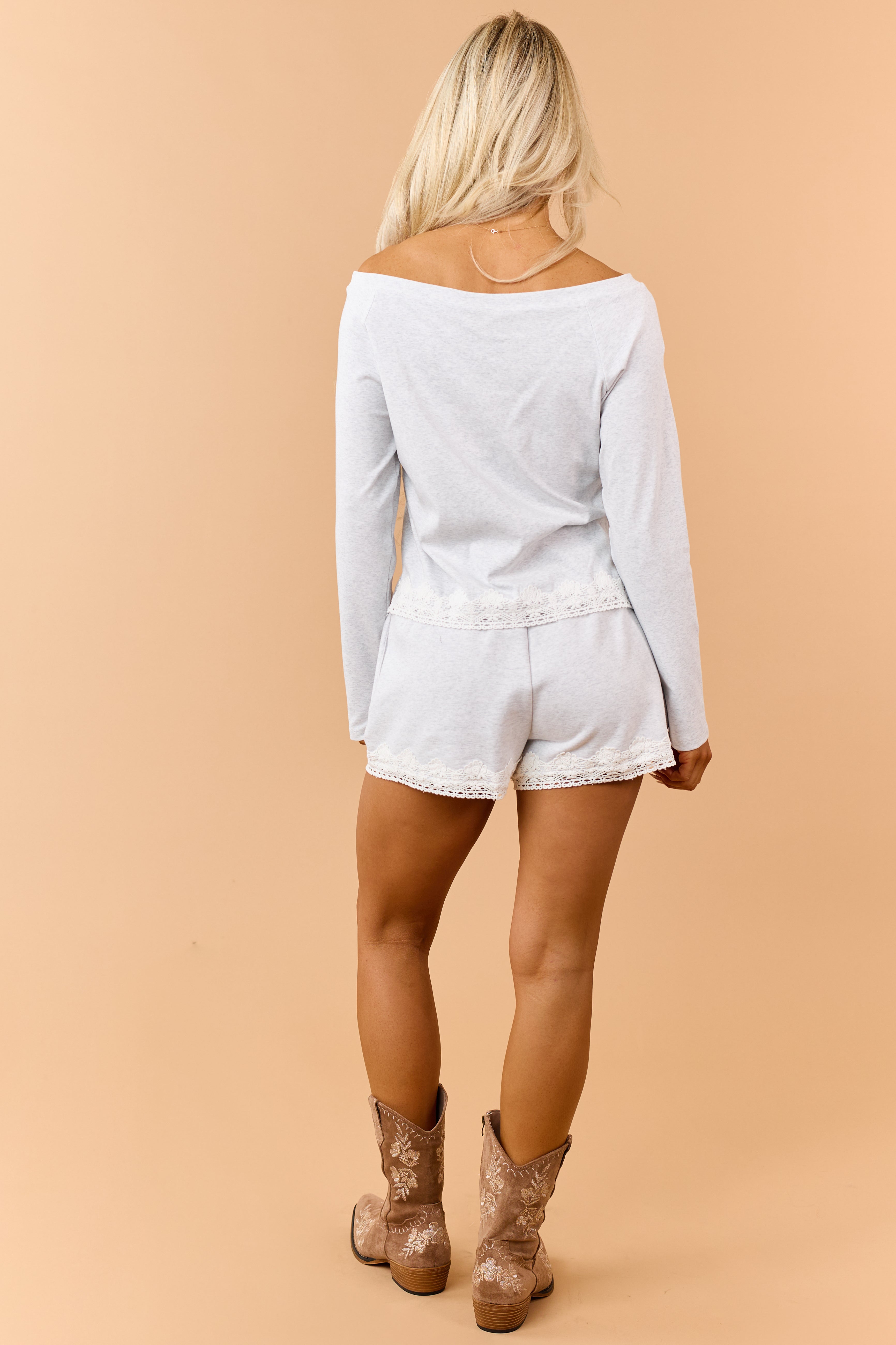 Heather Grey Lace Trim Knit Top and Shorts Set