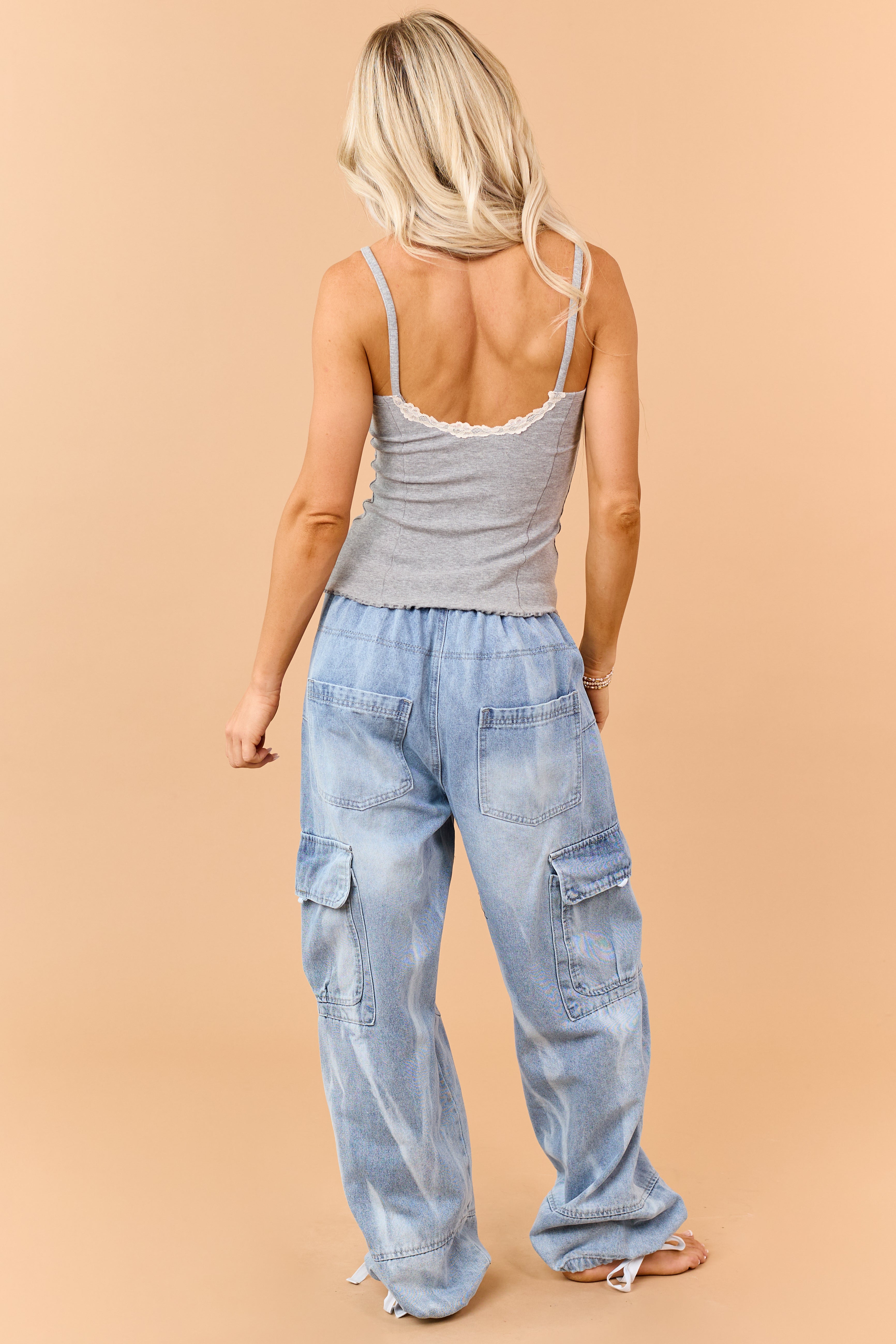 Heather Grey Lace Trim Slub Knit Cami Top