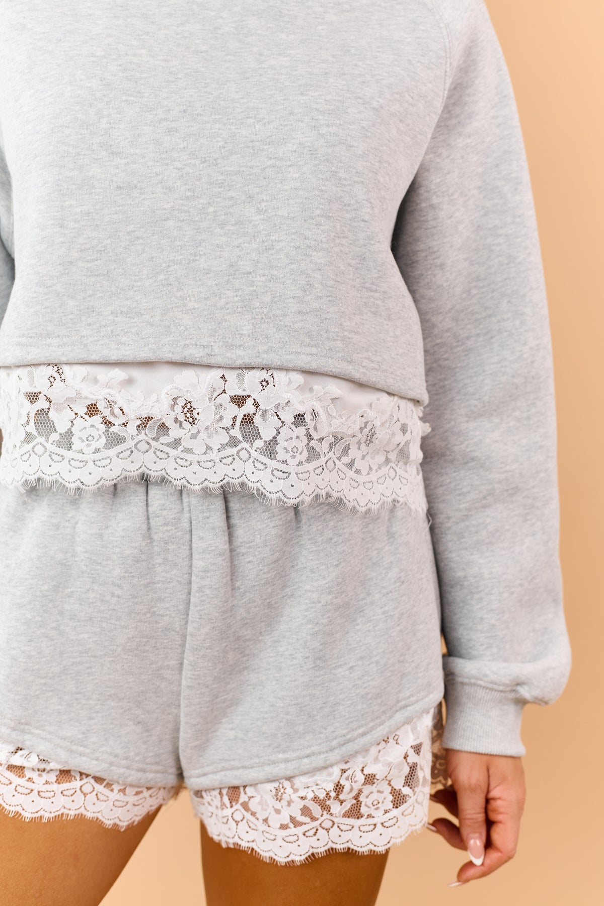 Heather Grey Lace Trim Sweatshirt and Shorts Set