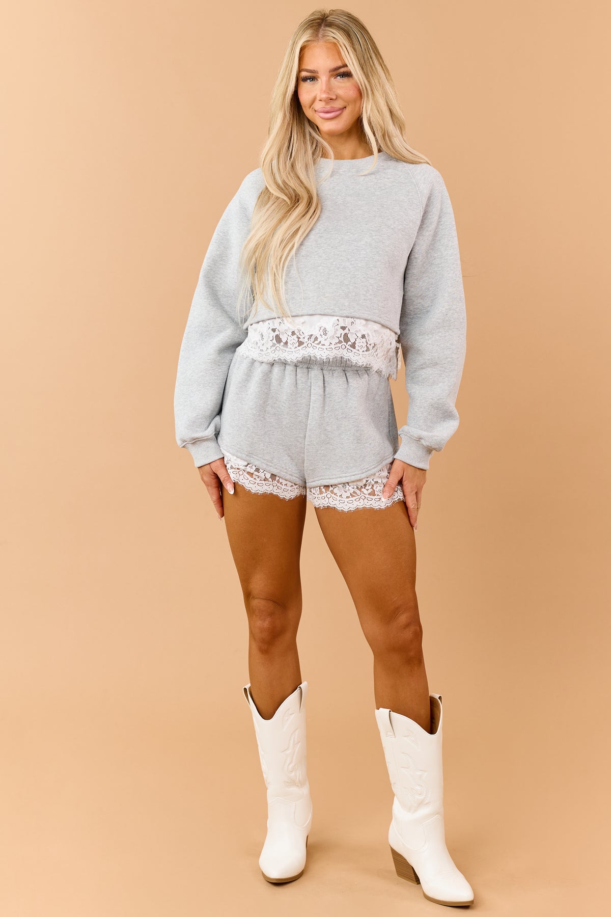 Heather Grey Lace Trim Sweatshirt and Shorts Set