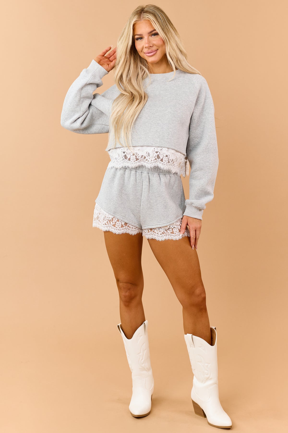 Heather Grey Lace Trim Sweatshirt and Shorts Set