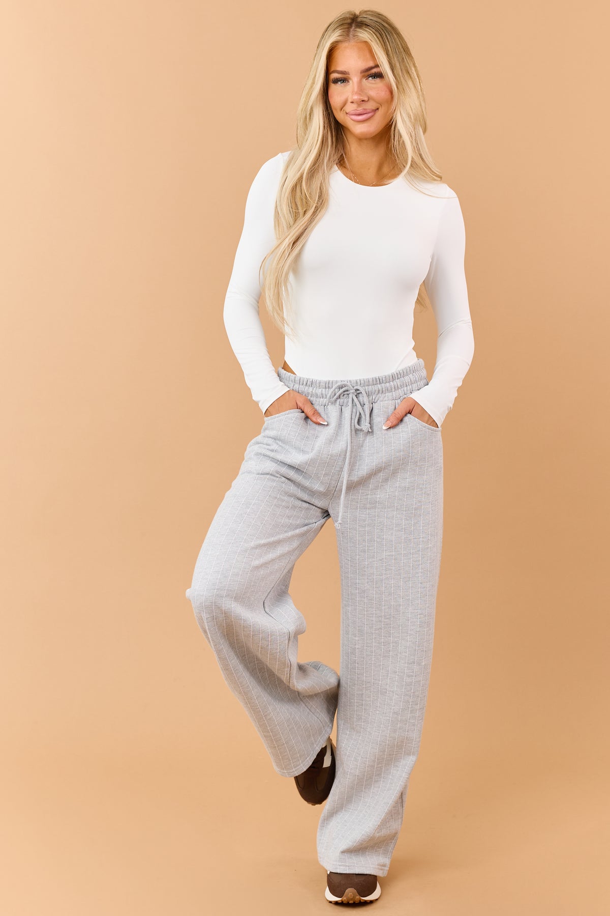Heather Grey Pinstripe Soft Knit Drawstring Sweatpants