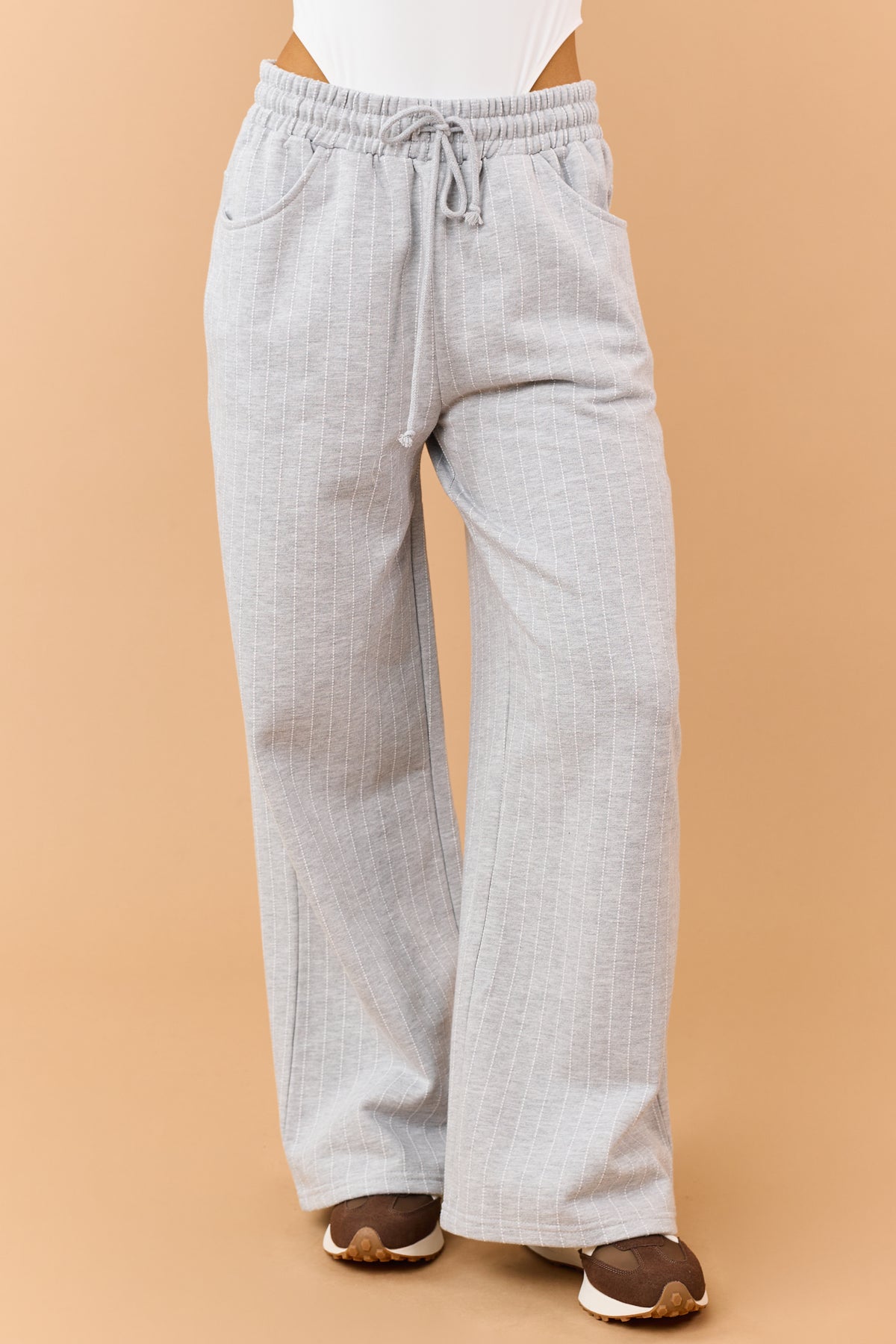 Heather Grey Pinstripe Soft Knit Drawstring Sweatpants