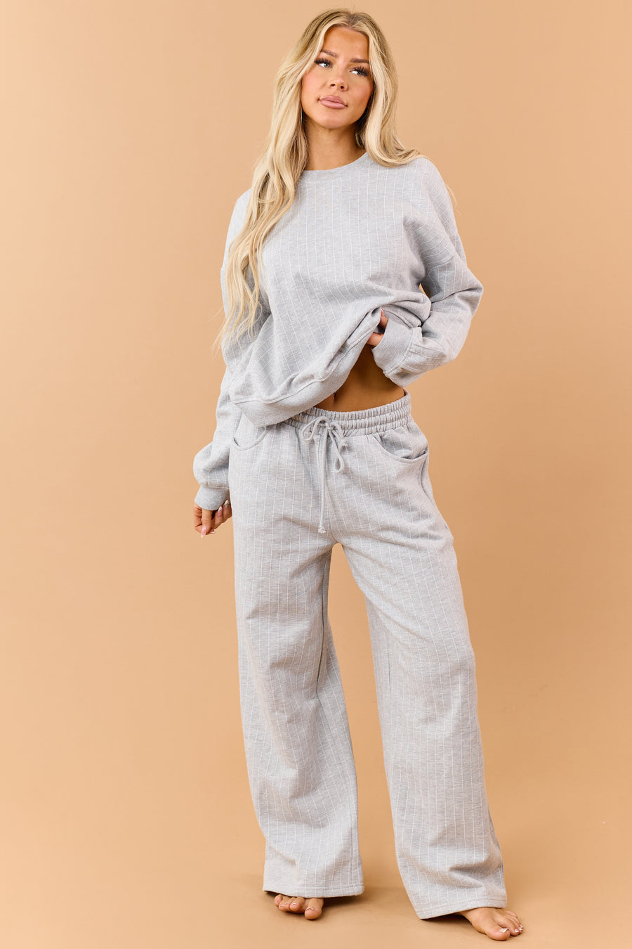 Heather Grey Pinstripe Soft Knit Drawstring Sweatpants