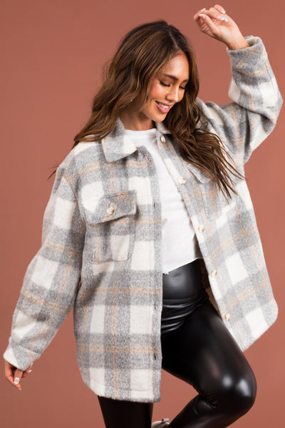Heather Grey Plaid Button Up Shacket