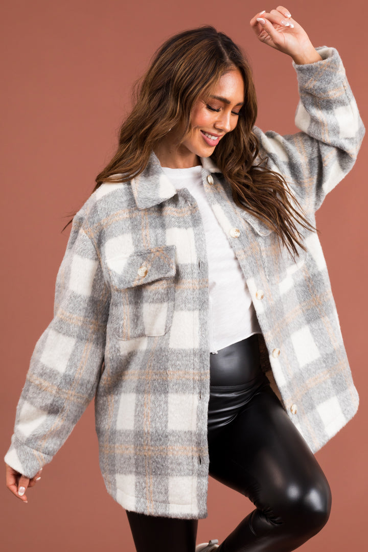 Heather Grey Plaid Button Up Shacket