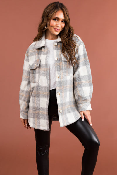 Heather Grey Plaid Button Up Shacket