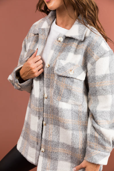 Heather Grey Plaid Button Up Shacket