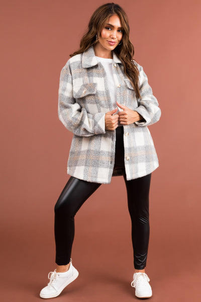 Heather Grey Plaid Button Up Shacket