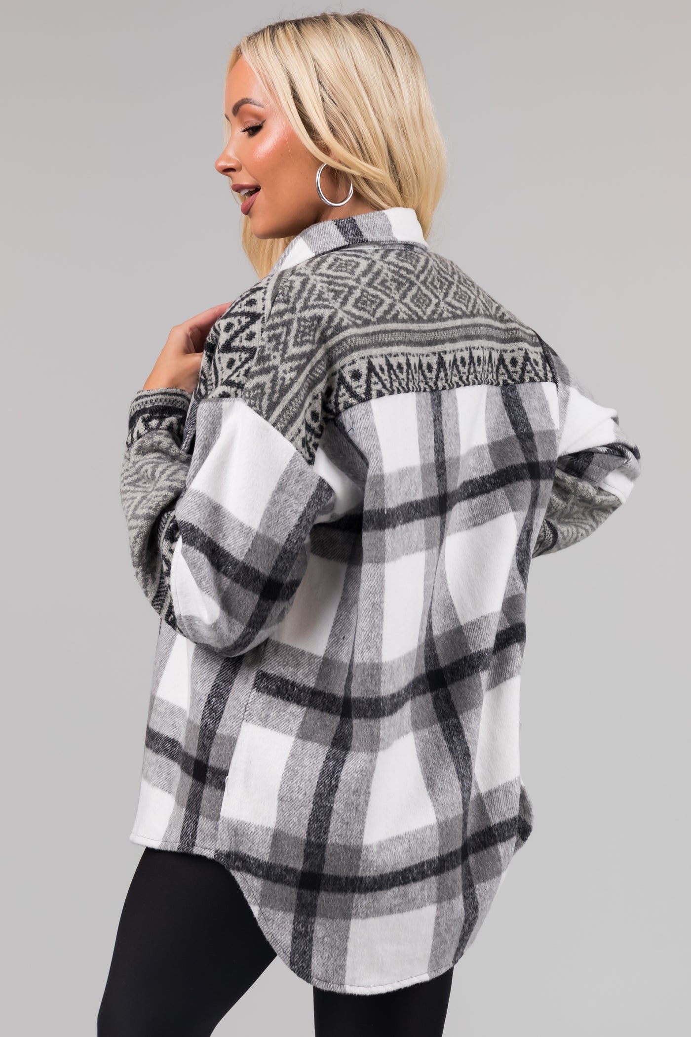 Heather Grey Plaid Shacket with Aztec Print Contrast