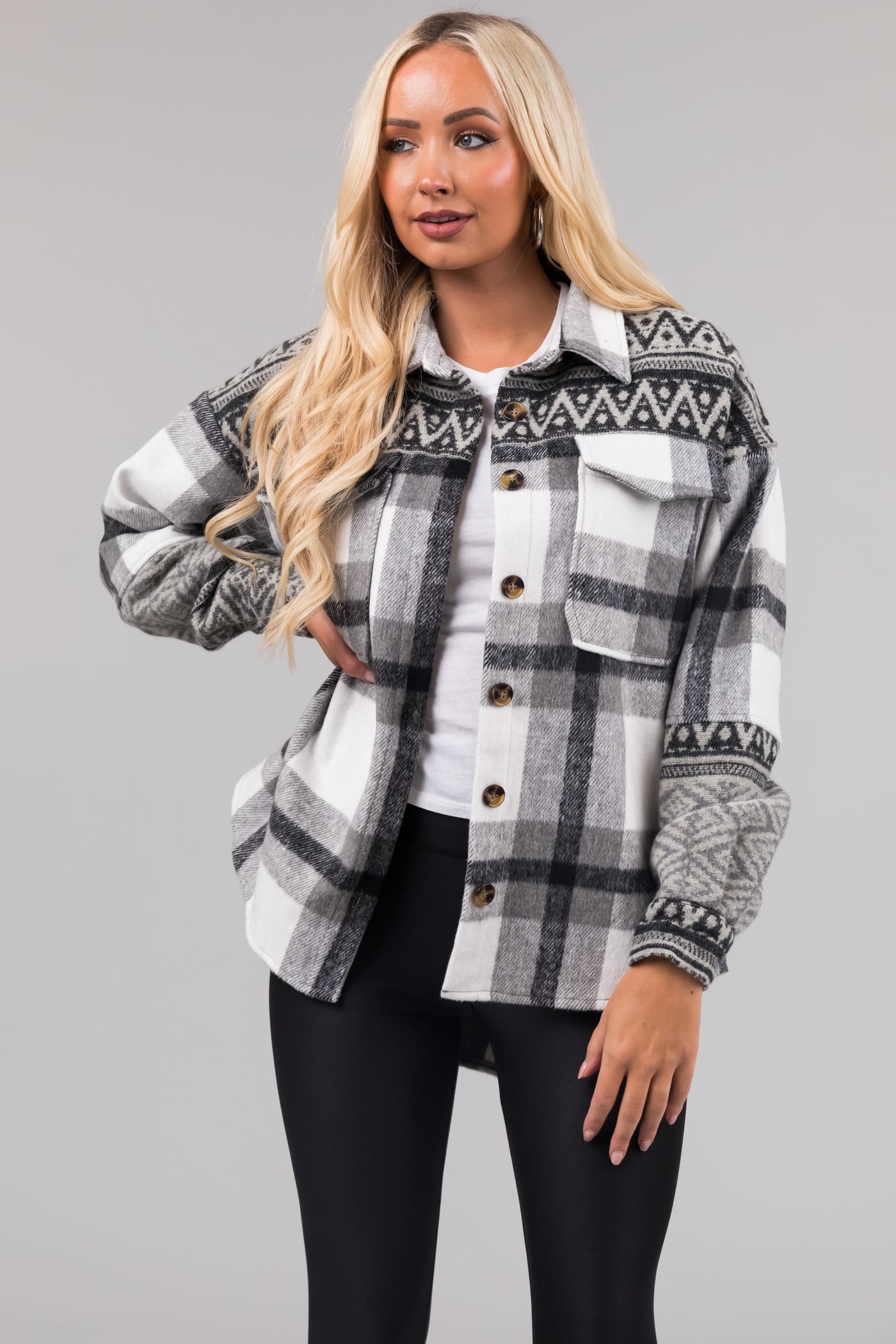 Heather Grey Plaid Shacket with Aztec Print Contrast