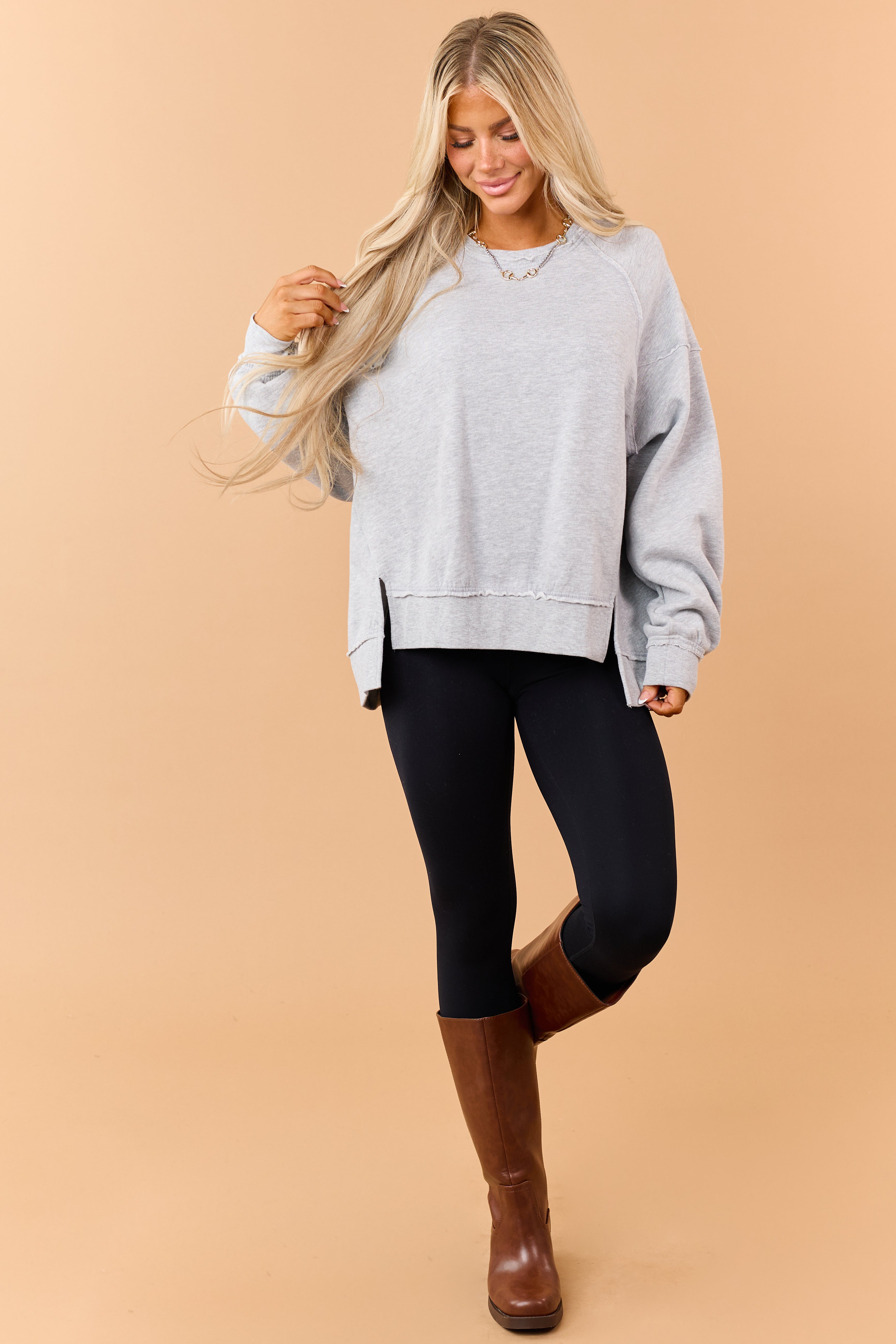 Heather Grey Raw Seam High Low Hem Sweatshirt