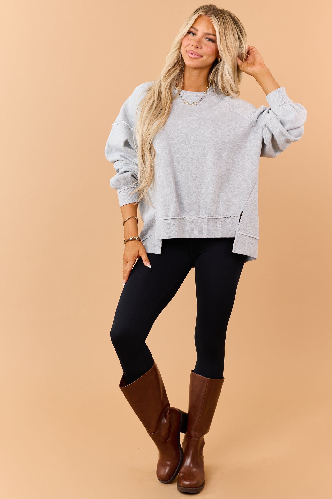 Heather Grey Raw Seam High Low Hem Sweatshirt