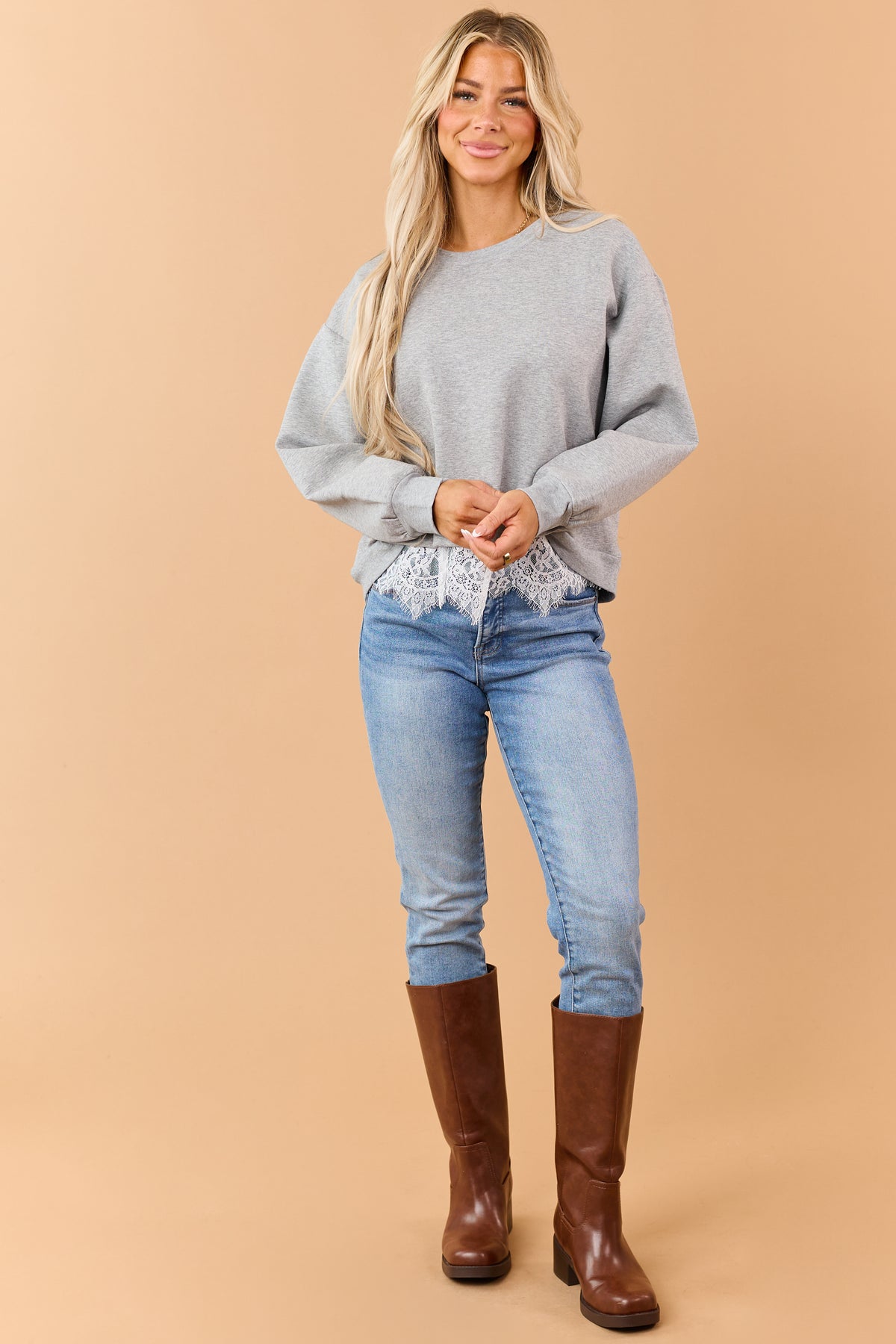 Heather Grey Relaxed Lace Hem Sweatshirt