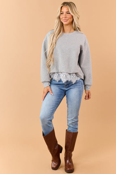 Heather Grey Relaxed Lace Hem Sweatshirt
