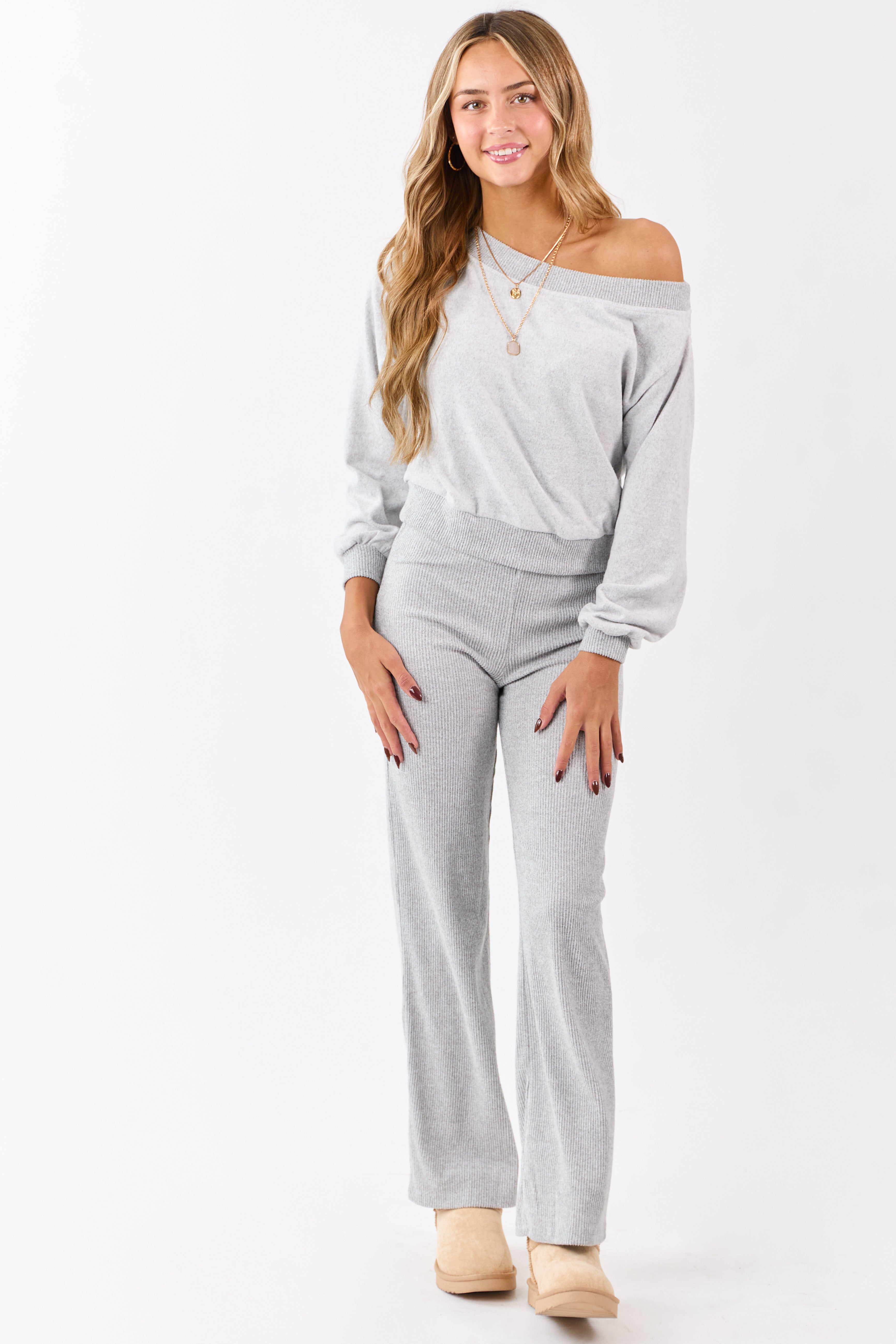 パンツ 00s gray linen cropped wide pants y2k Cloud Grey Rib Knit Elastic Waist Wide Leg Pants | Lime Lush Boutique