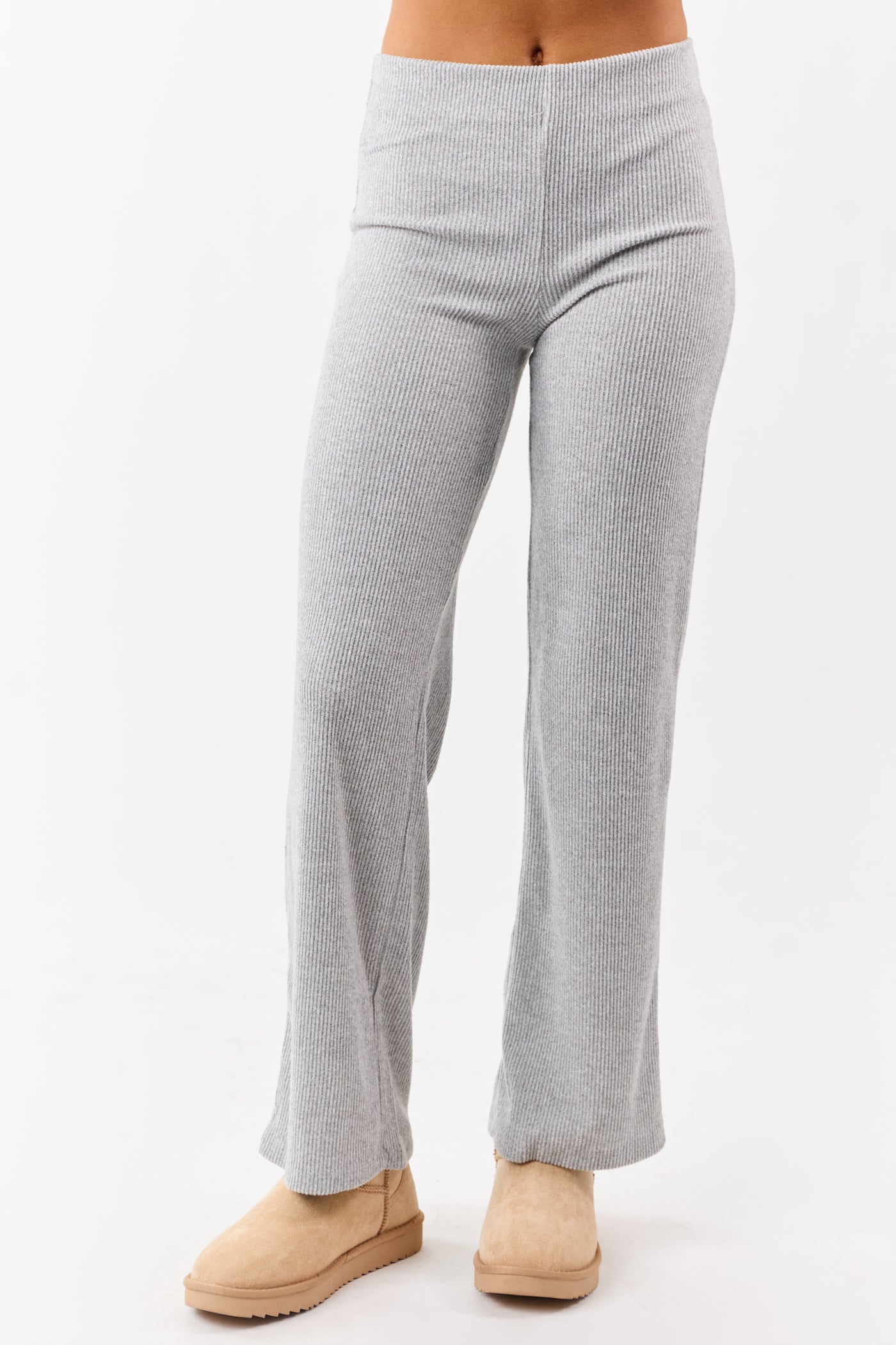 Cloud Grey Rib Knit Elastic Waist Wide Leg Pants