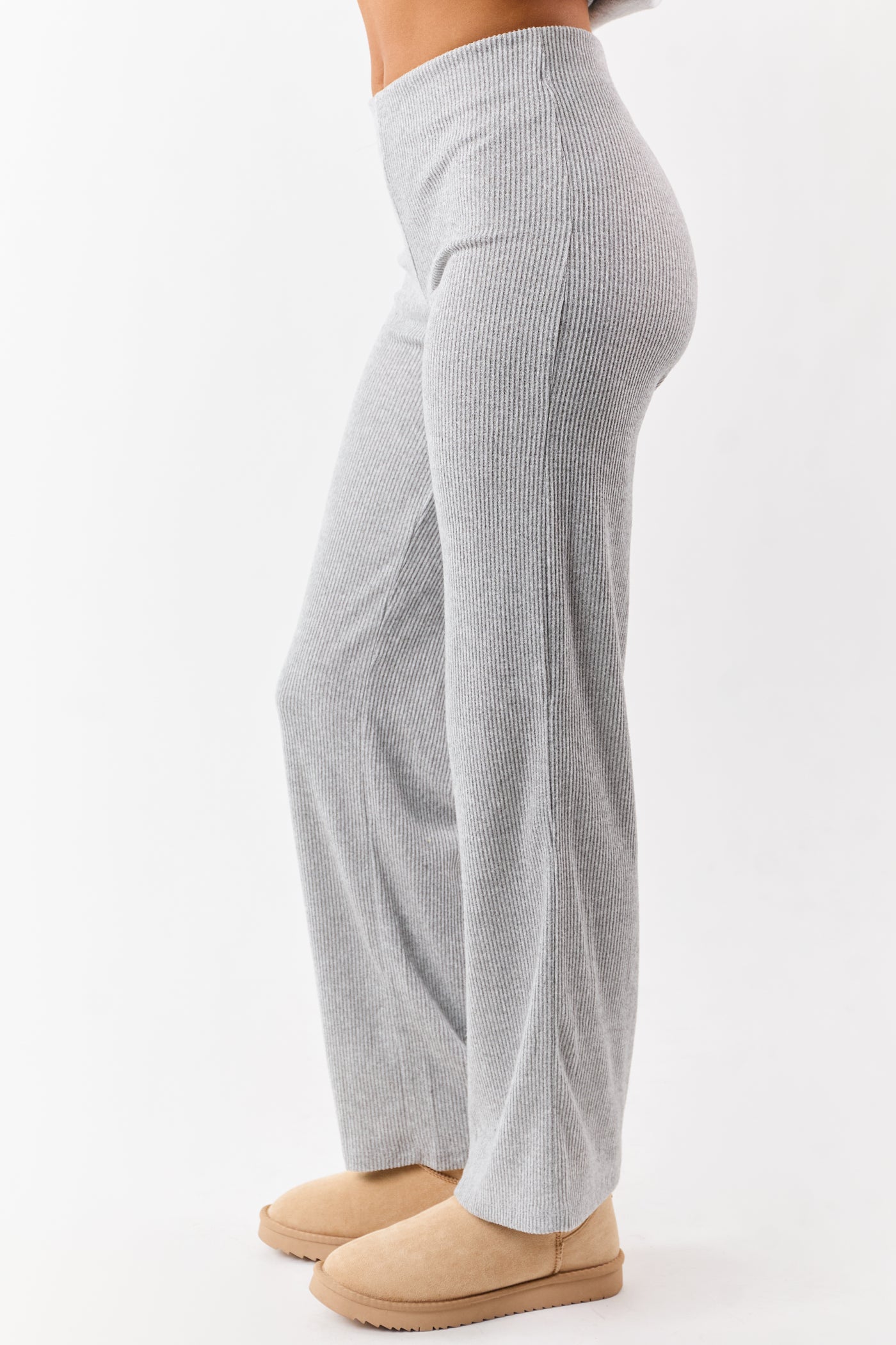 Cloud Grey Rib Knit Elastic Waist Wide Leg Pants