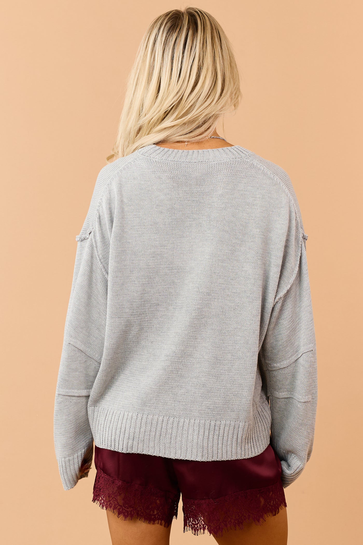 Heather Grey Rib Knit Exposed Seam Long Sleeve Sweater