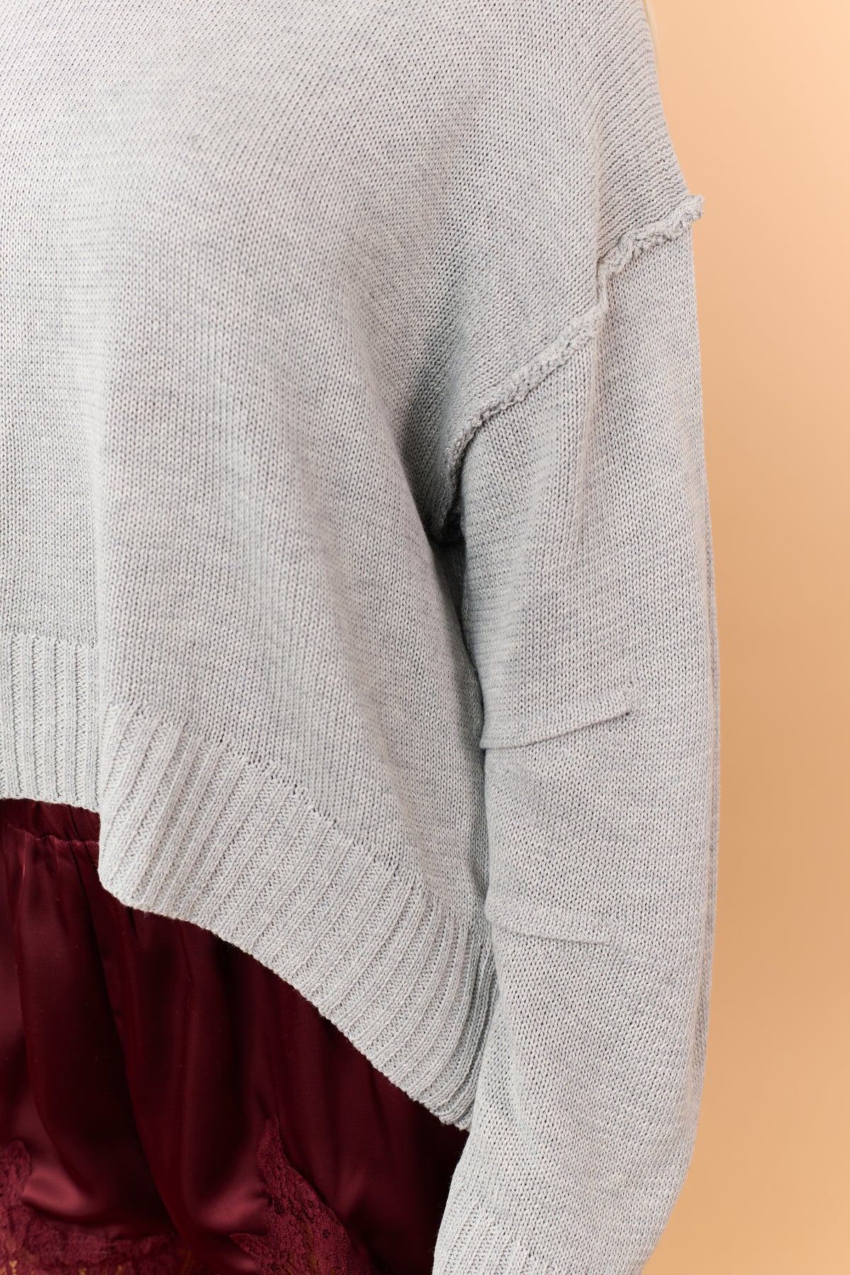 Heather Grey Rib Knit Exposed Seam Long Sleeve Sweater