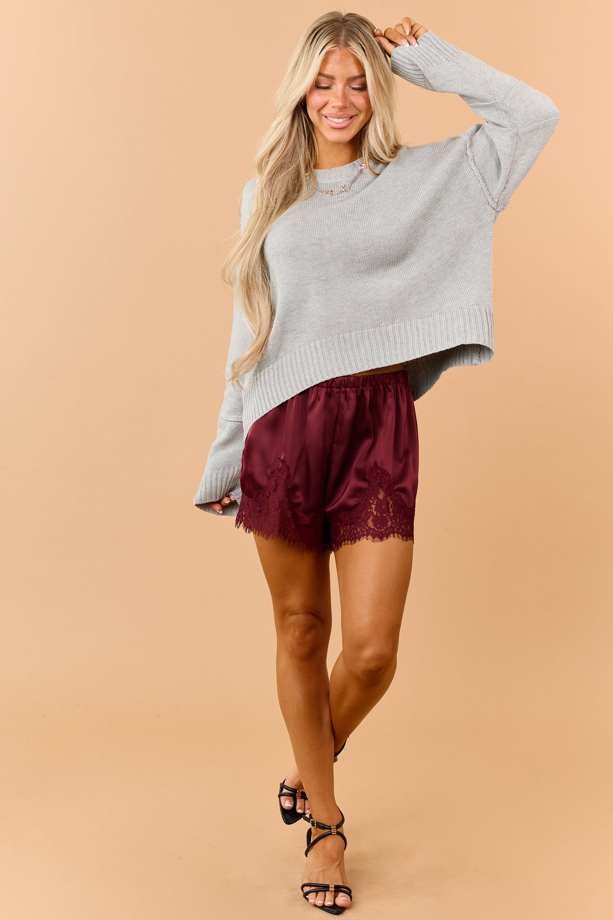 Heather Grey Rib Knit Exposed Seam Long Sleeve Sweater