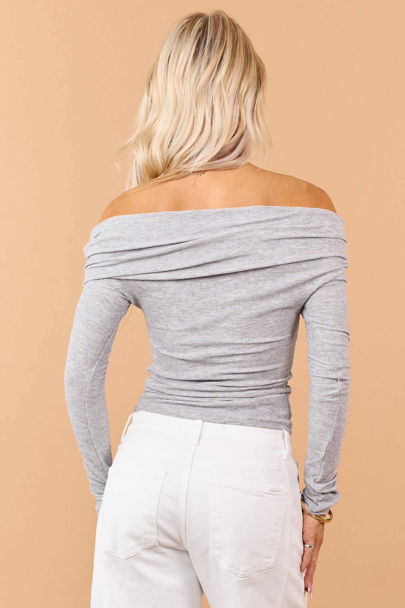 Heather Grey Rib Knit Off Shoulder Long Sleeve Top