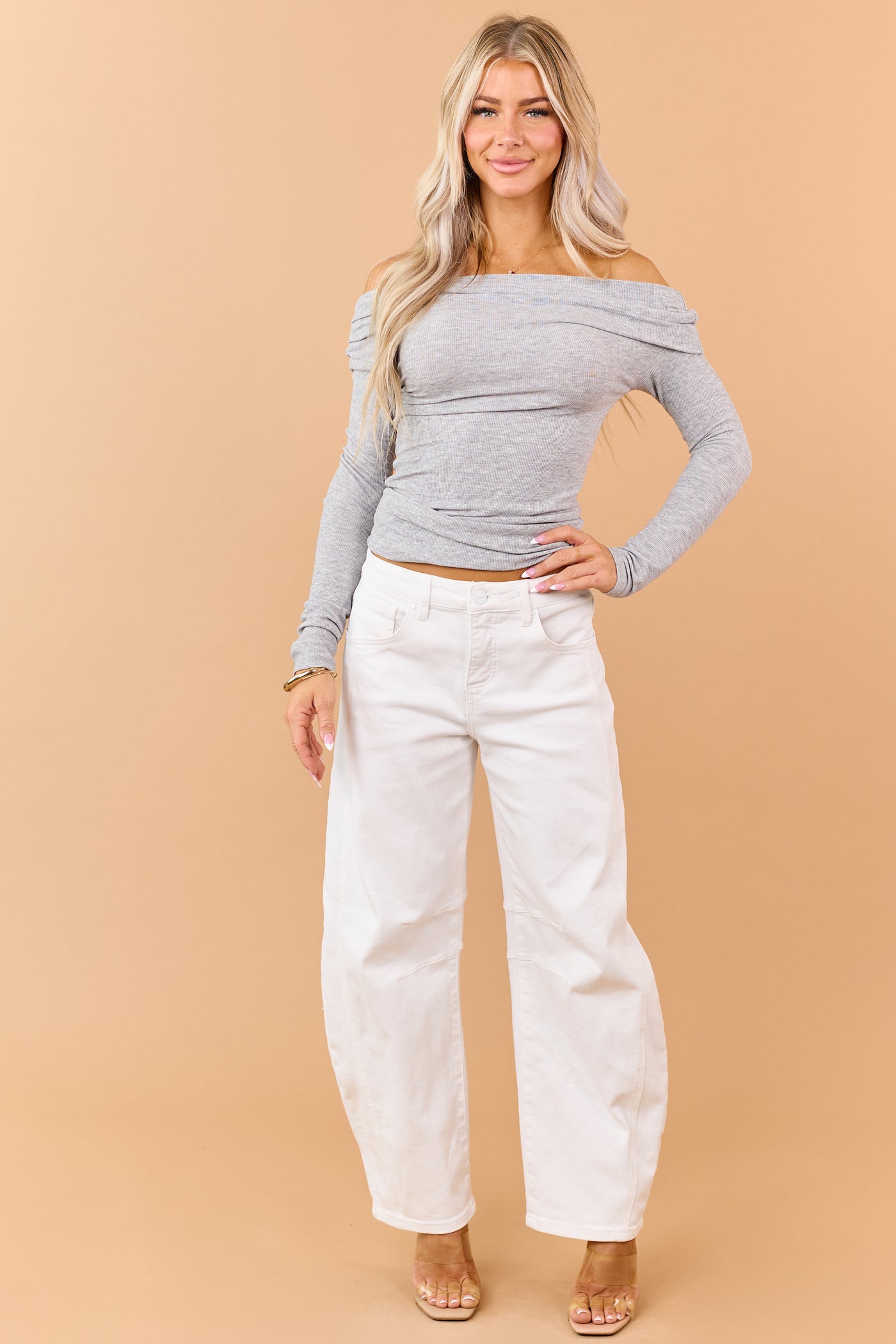 Heather Grey Rib Knit Off Shoulder Long Sleeve Top