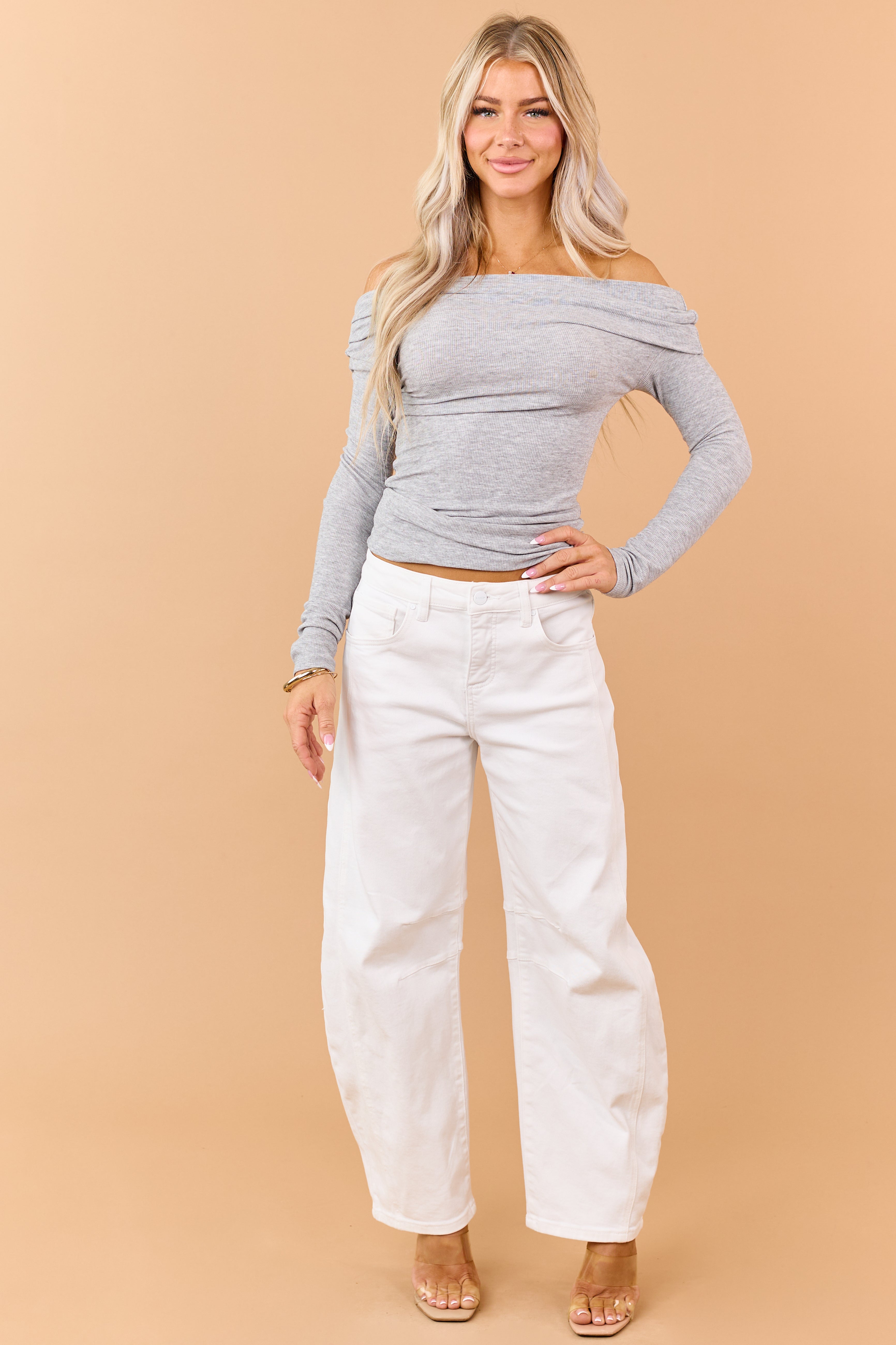 Heather Grey Rib Knit Off Shoulder Long Sleeve Top