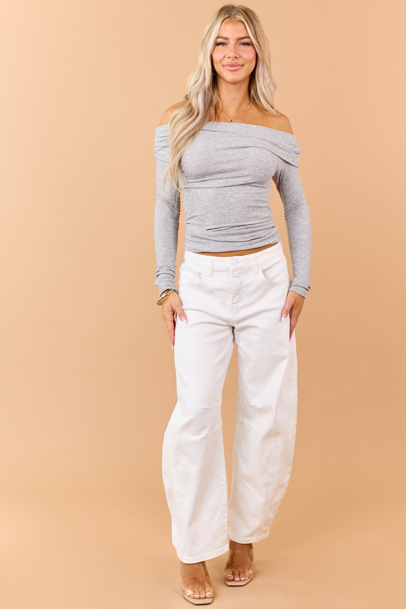 Heather Grey Rib Knit Off Shoulder Long Sleeve Top