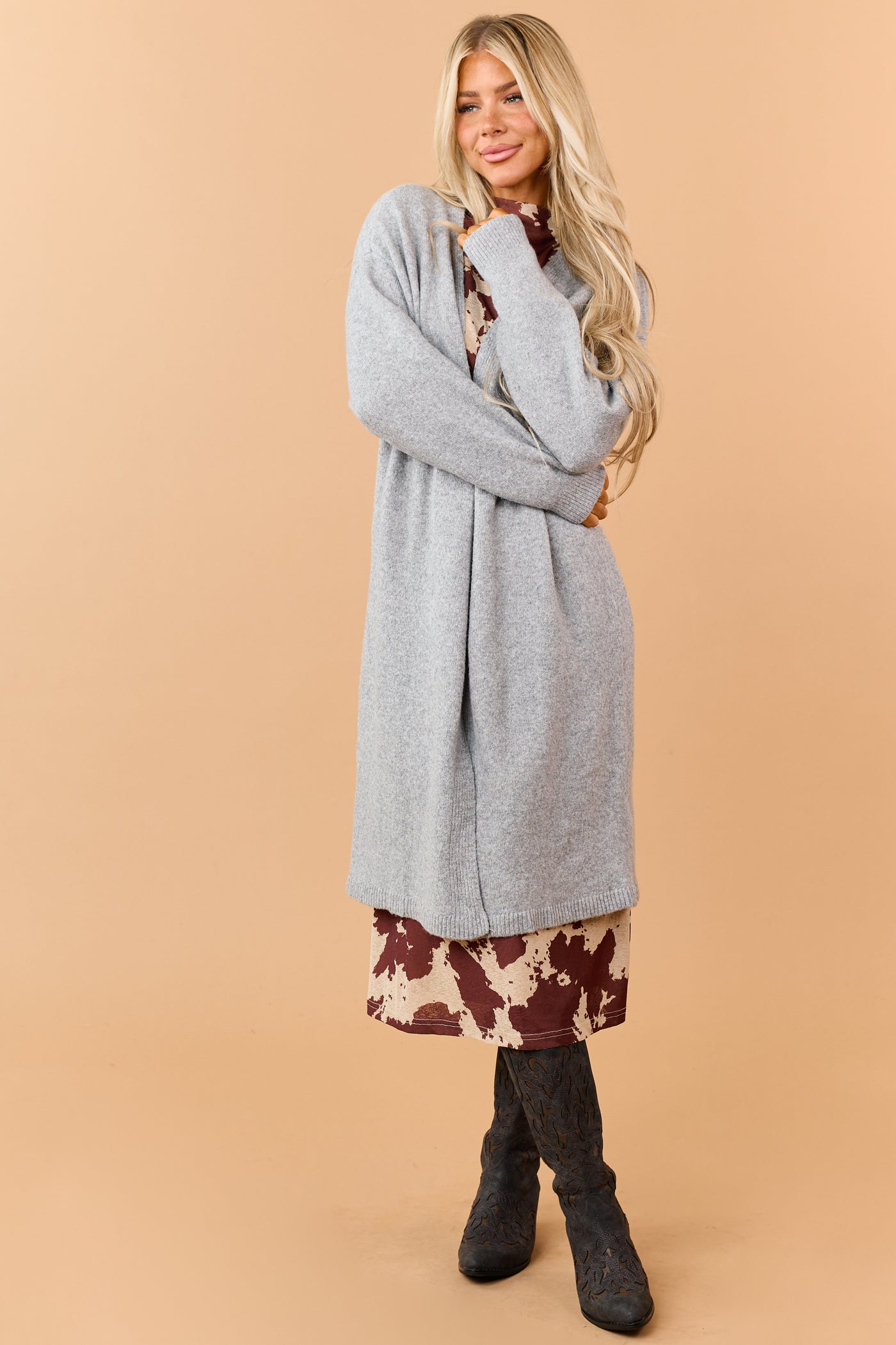 Heather Grey Rib Knit Open Front Duster Cardigan