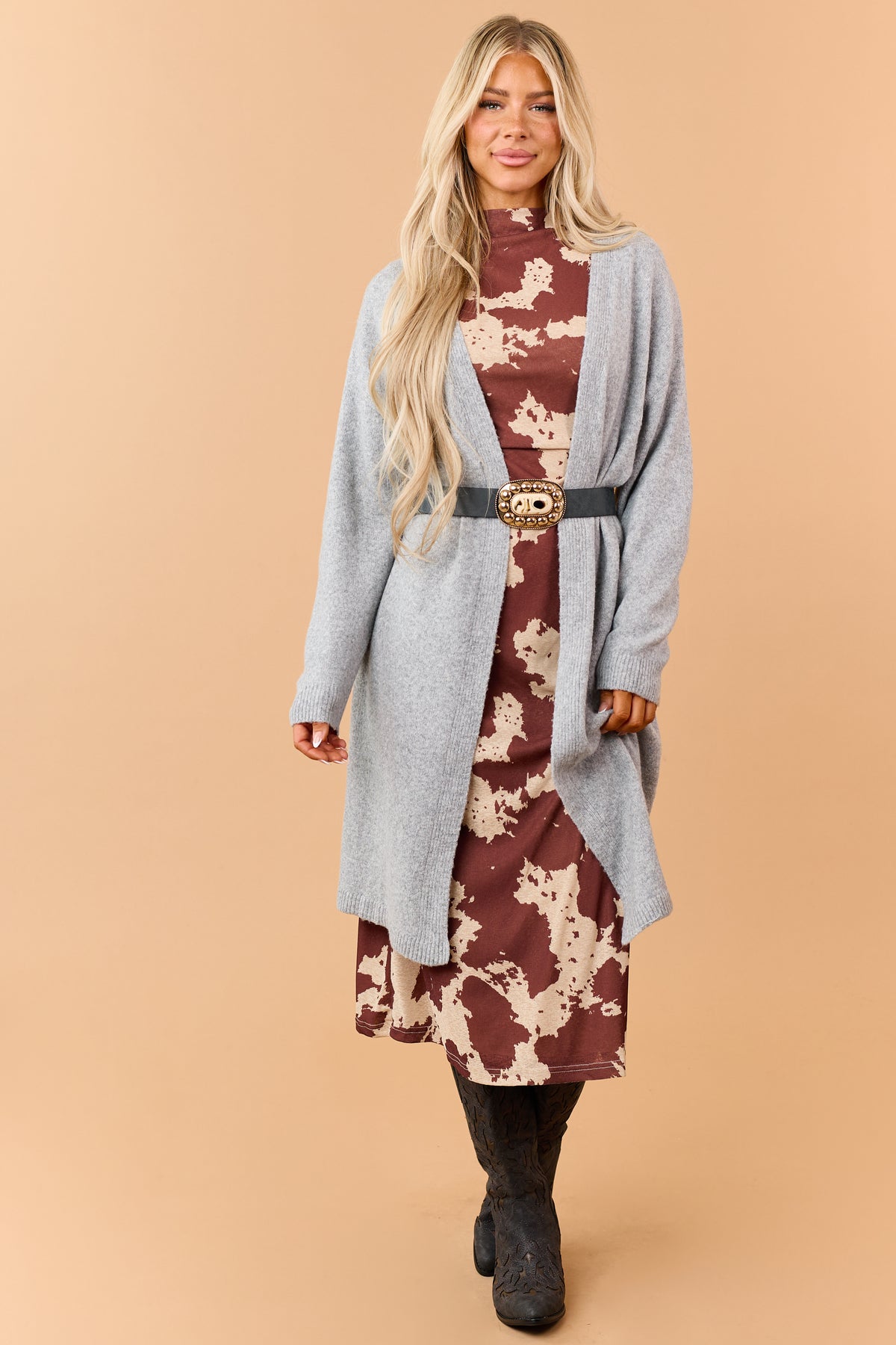 Heather Grey Rib Knit Open Front Duster Cardigan