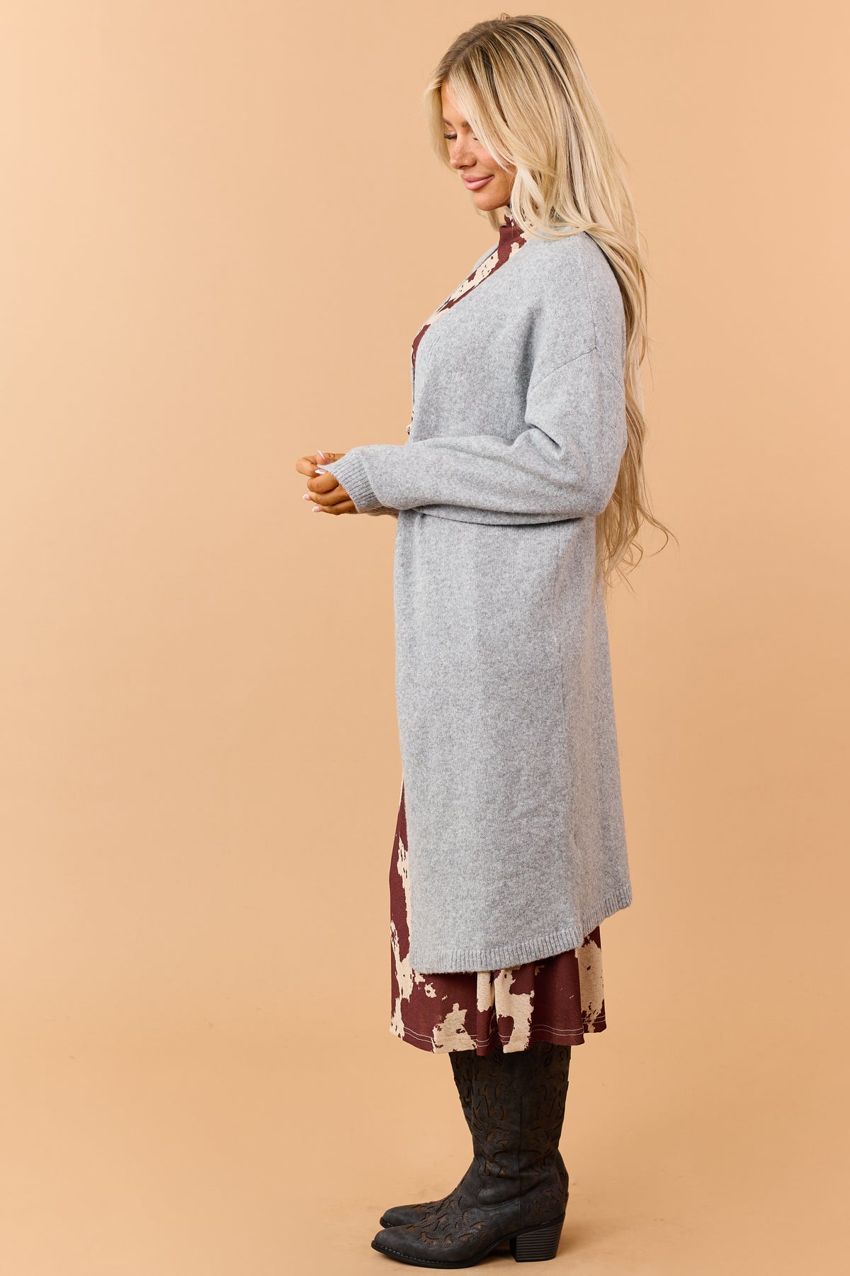 Heather Grey Rib Knit Open Front Duster Cardigan