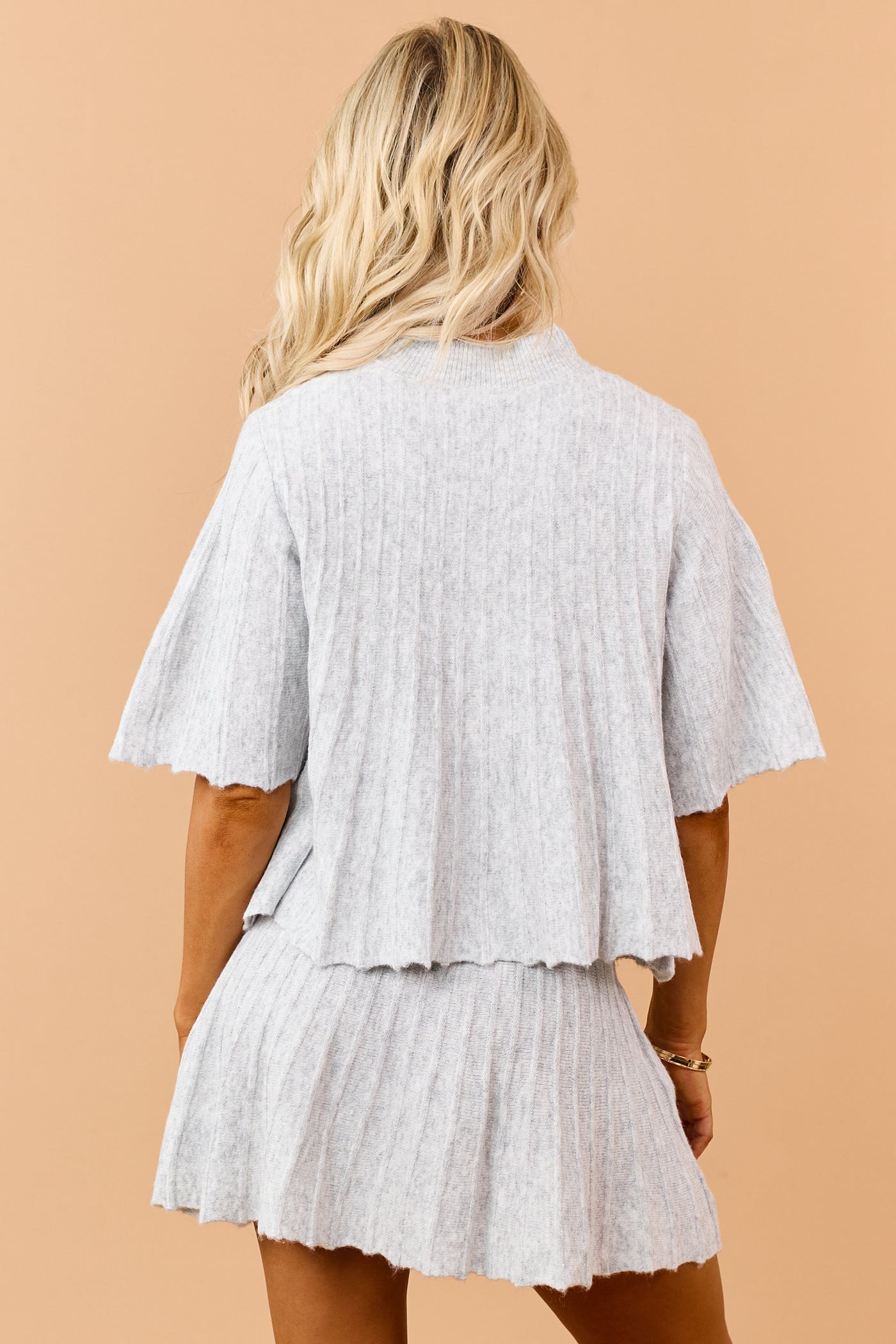 Heather Grey Rib Knit Textured Half Sleeve Sweater