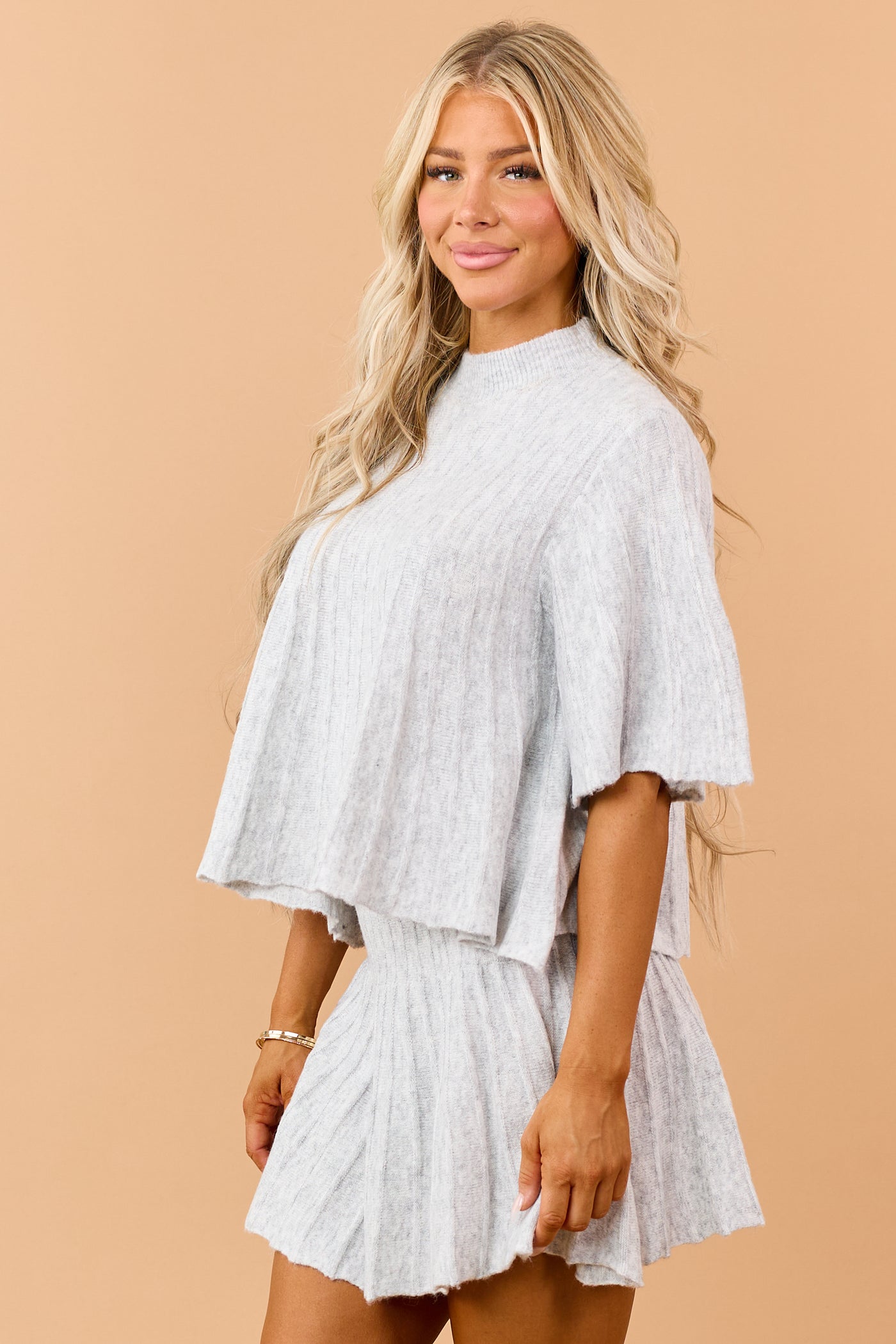 Heather Grey Rib Knit Textured Half Sleeve Sweater