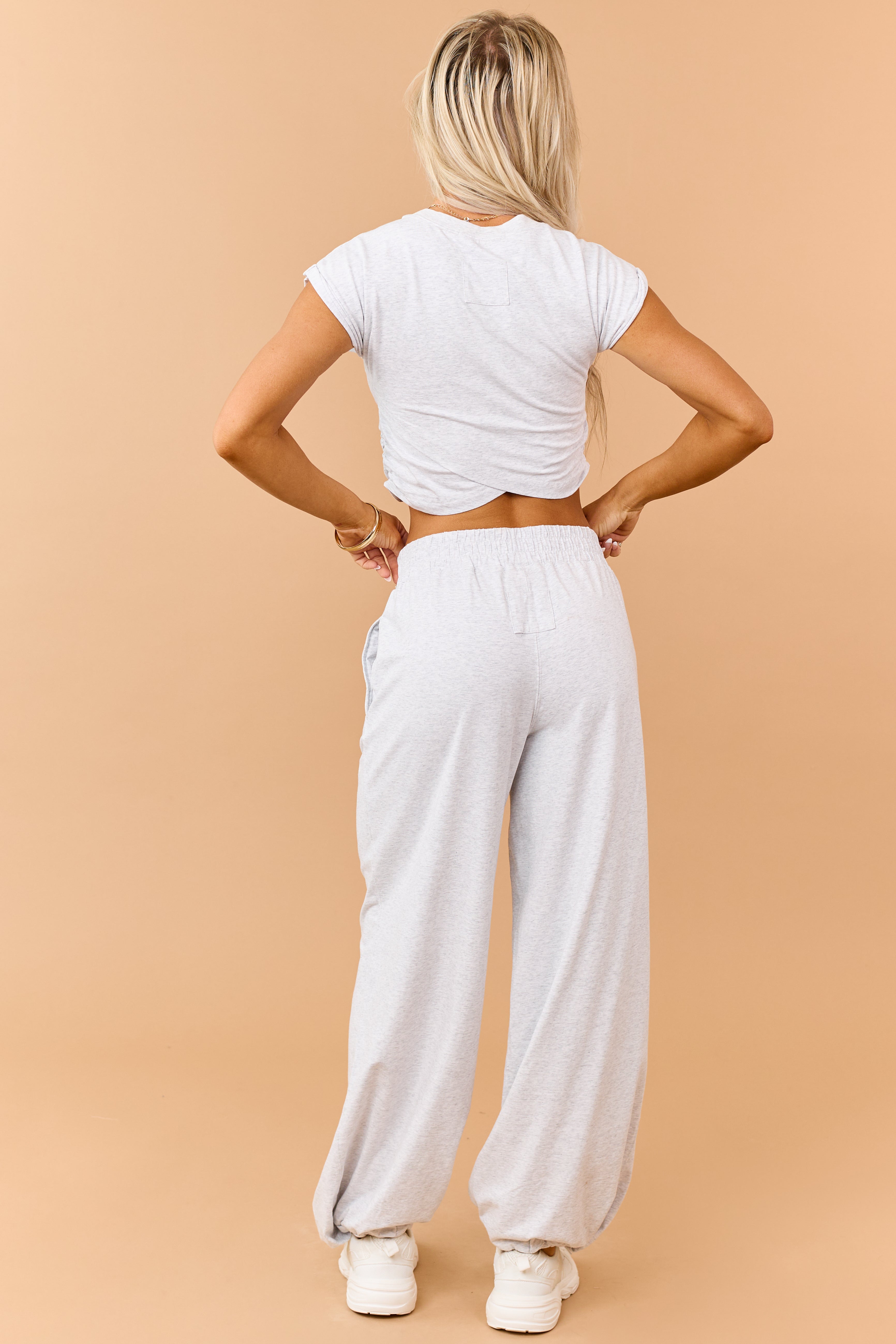 Heather Grey Ruched Cotton Knit Top and Pants Set