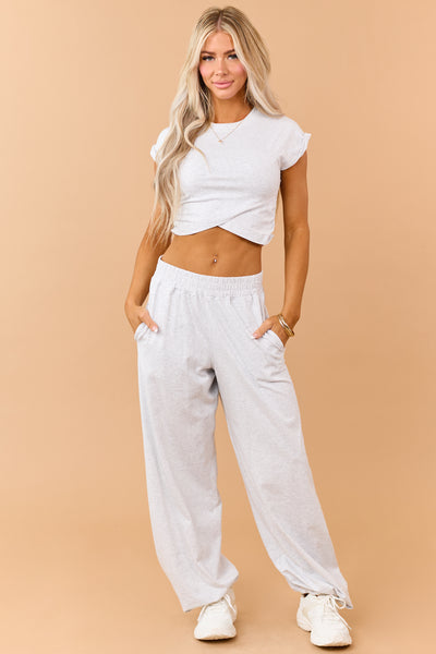 Heather Grey Ruched Cotton Knit Top and Pants Set