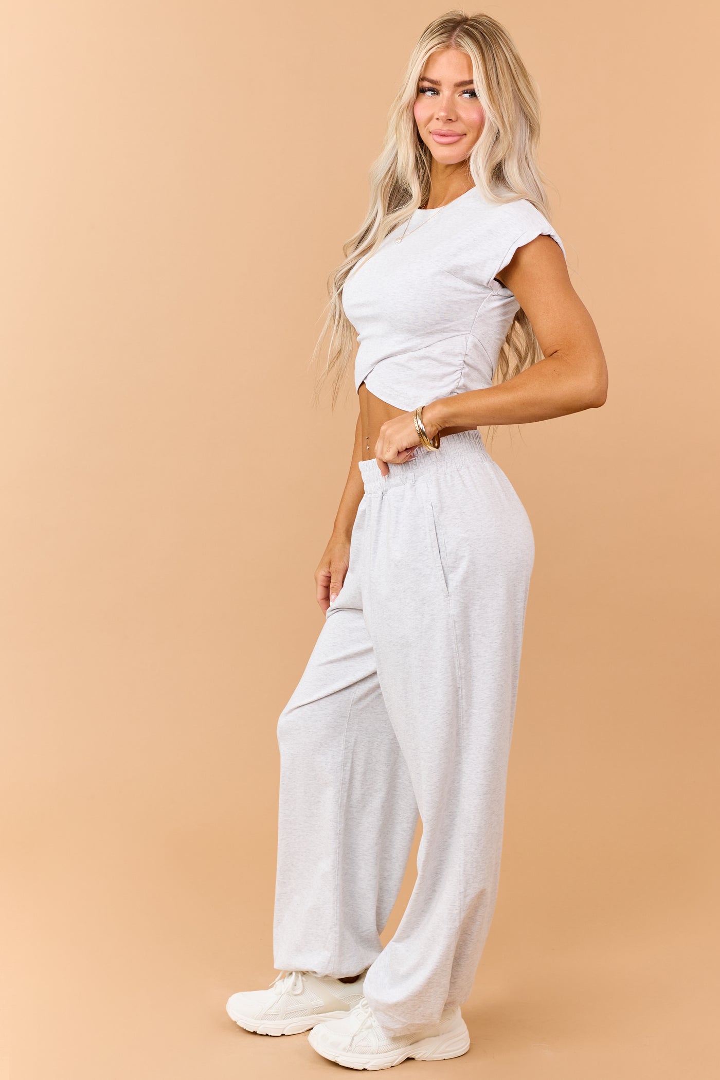 Heather Grey Ruched Cotton Knit Top and Pants Set