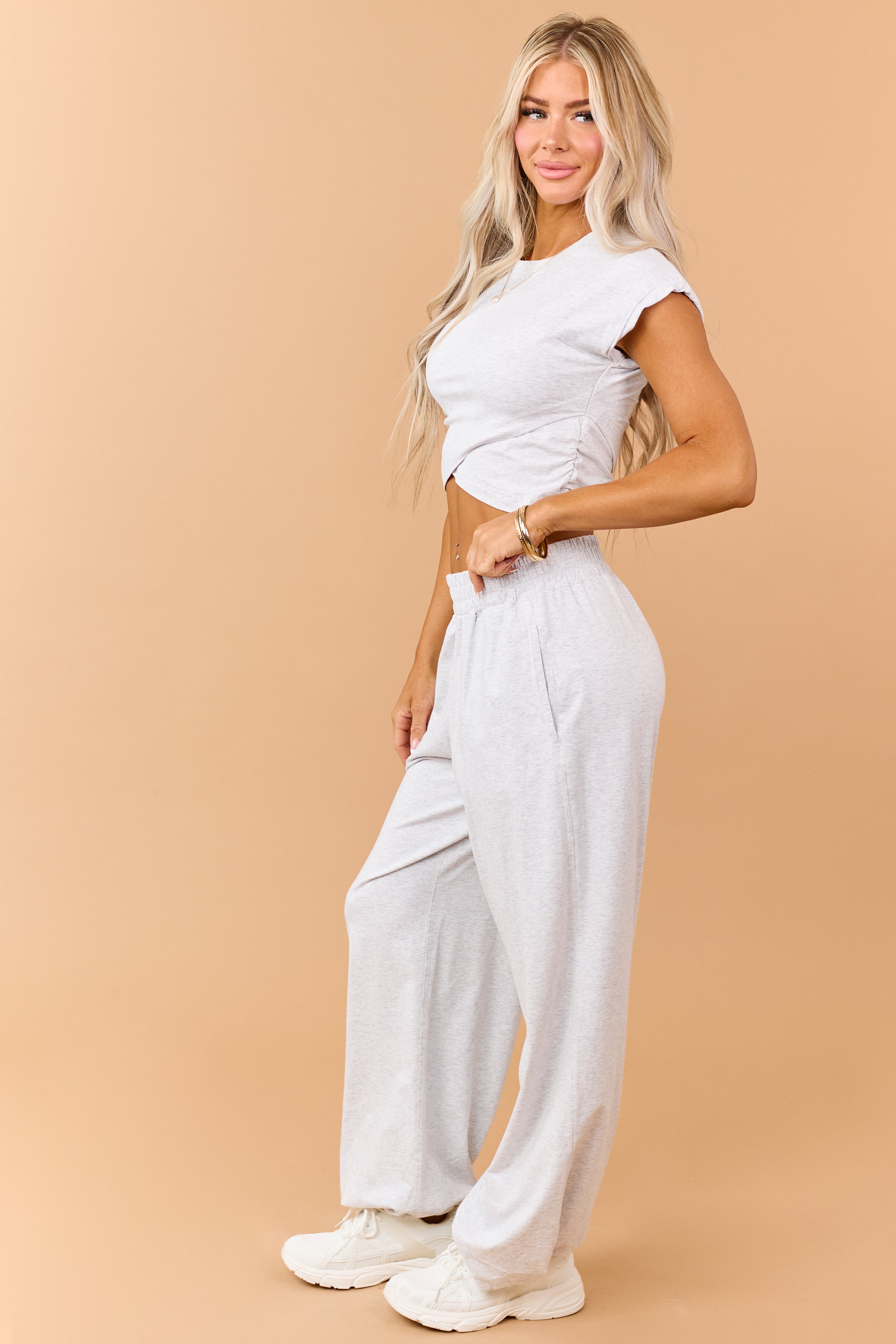 Heather Grey Ruched Cotton Knit Top and Pants Set